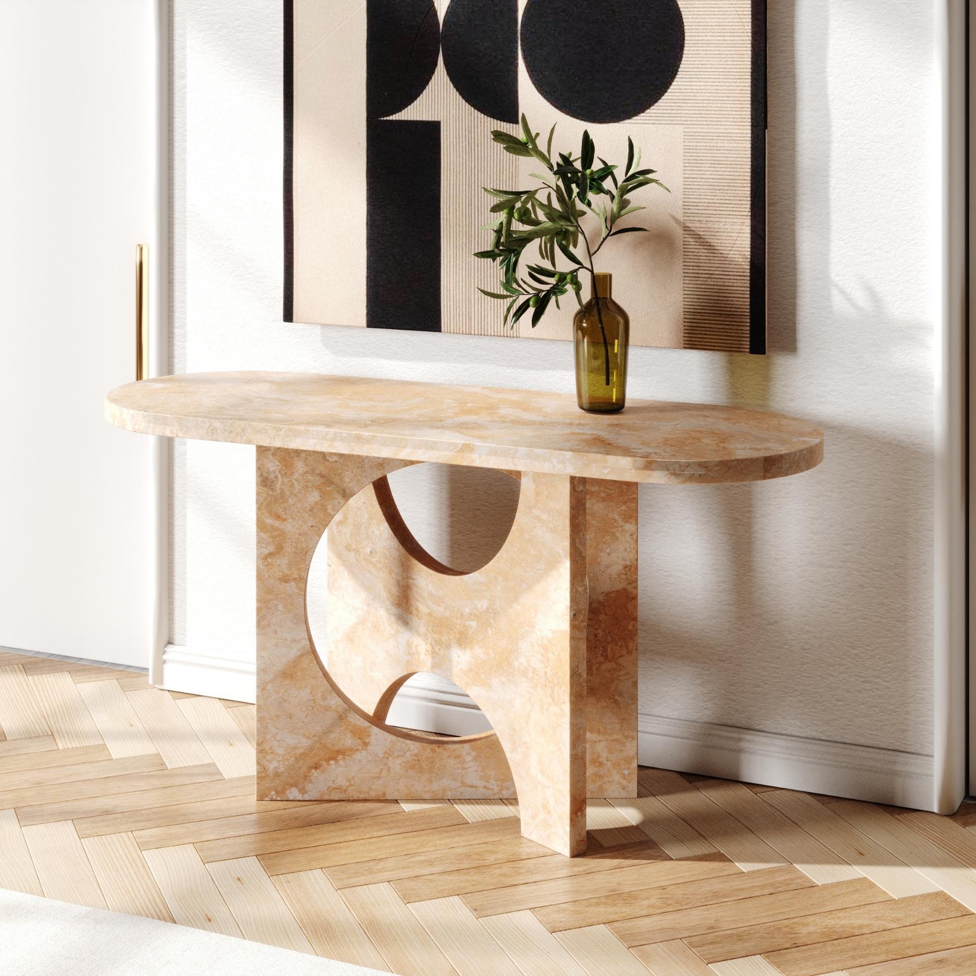 Portuguese Geometric Matte Travertino Geometric Console Table For Sale