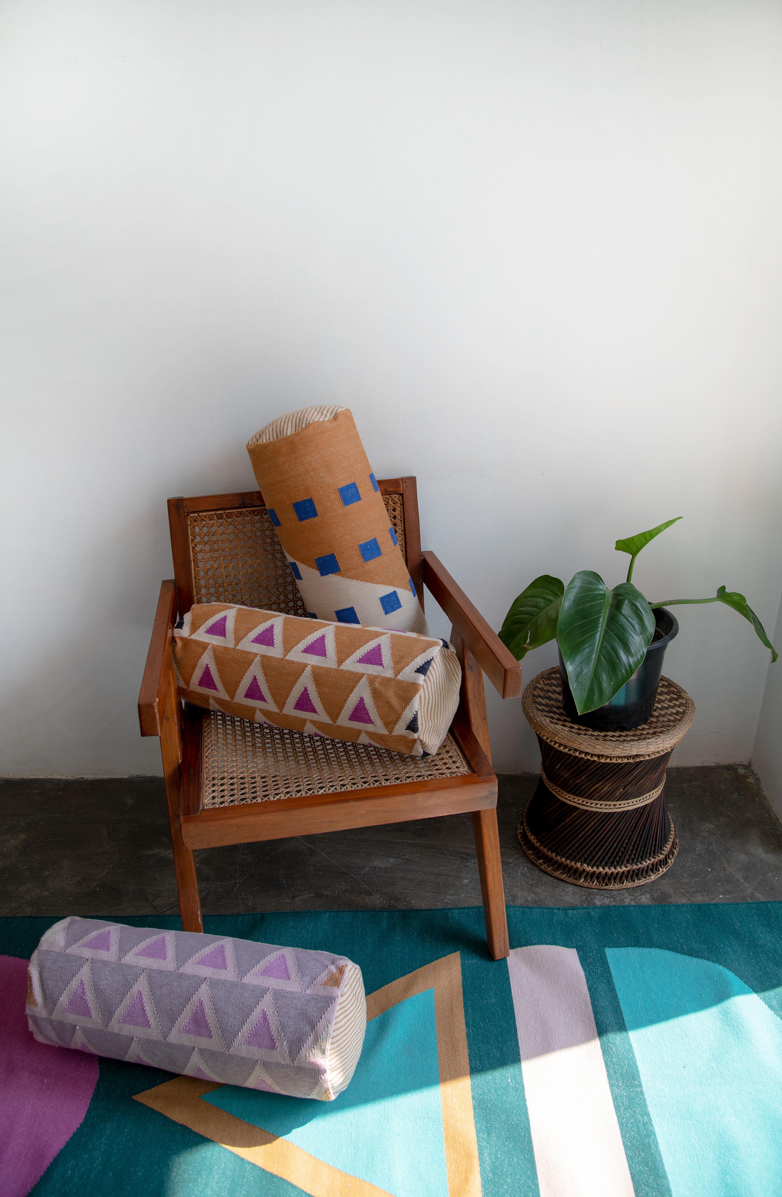 Hand-Woven Geometric Maya Triangles Bolster Pillow, Ochre
