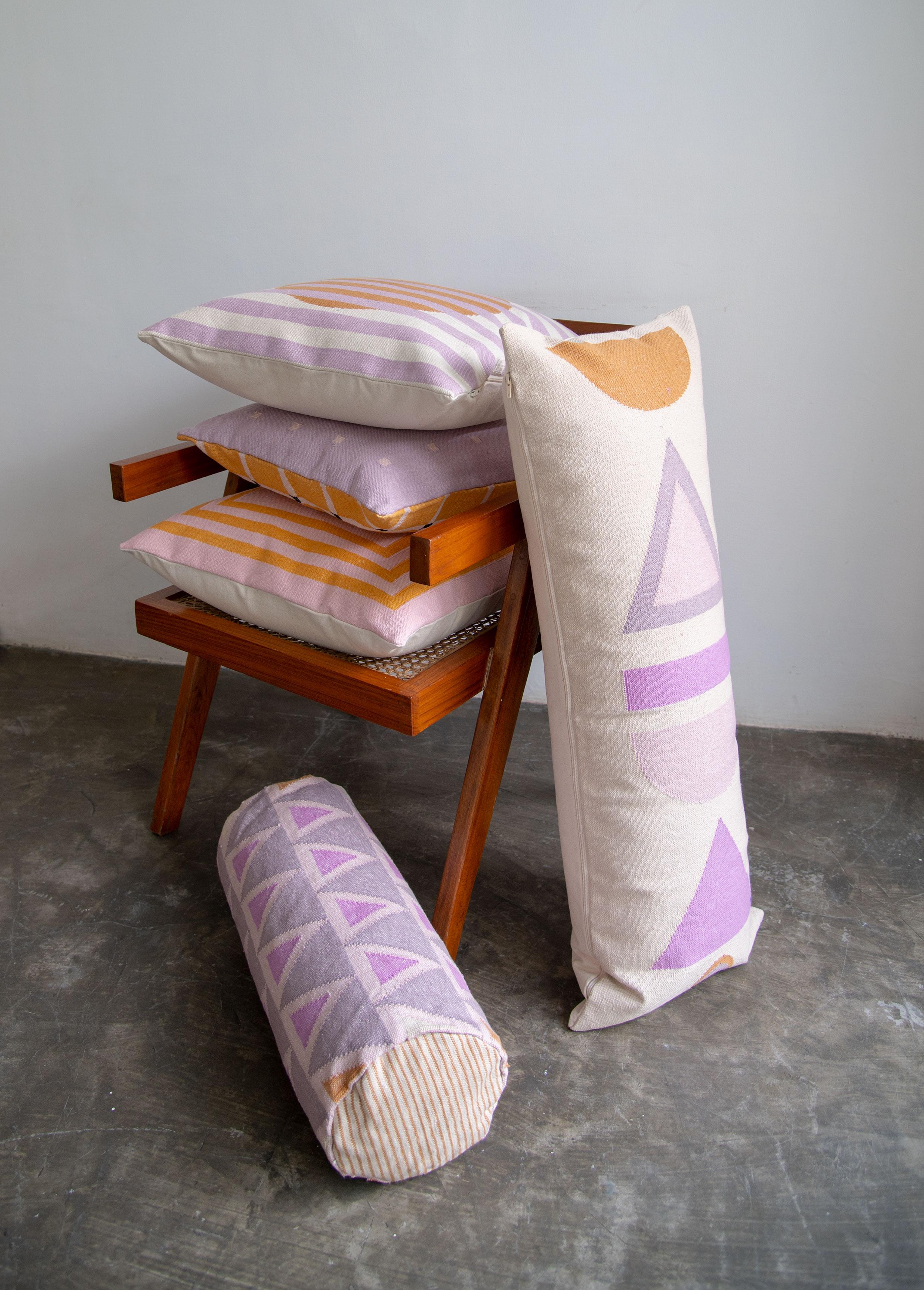 Modern Geometric Maya Triangles Bolster Pillow, Purple For Sale