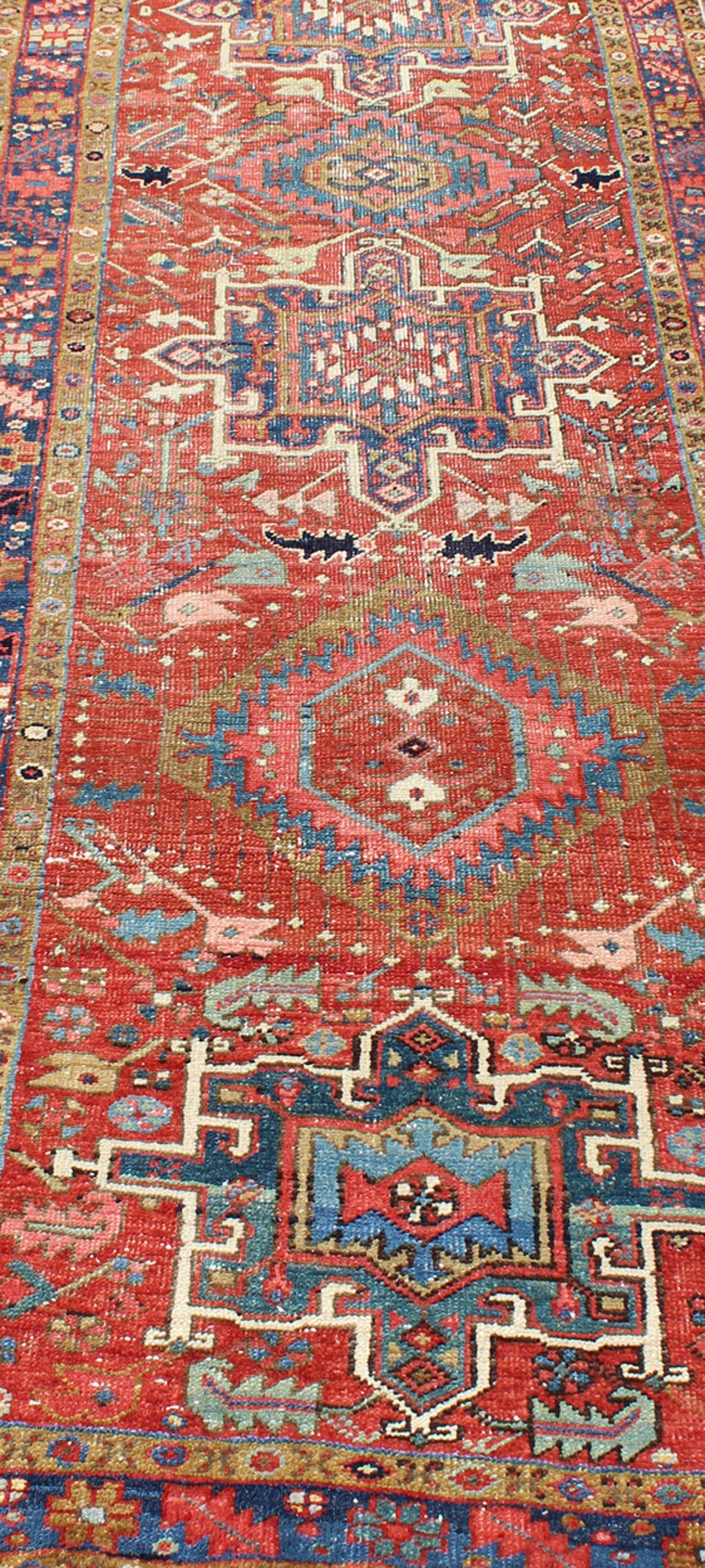 Geometric Medallion Antique Persian Heriz Runner in Brick Red and Blue For Sale 3