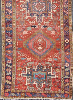 Geometric Medallion Antique Persian Heriz Runner in Brick Red and Blue