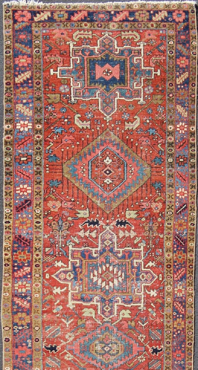 Heriz Serapi Geometric Medallion Antique Persian Heriz Runner in Brick Red and Blue For Sale