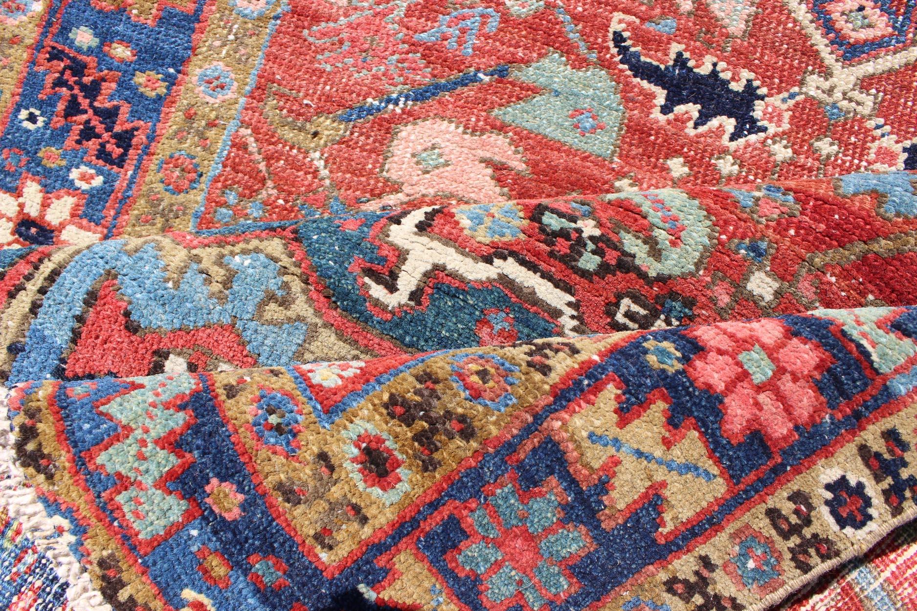 Hand-Knotted Geometric Medallion Antique Persian Heriz Runner in Brick Red and Blue For Sale