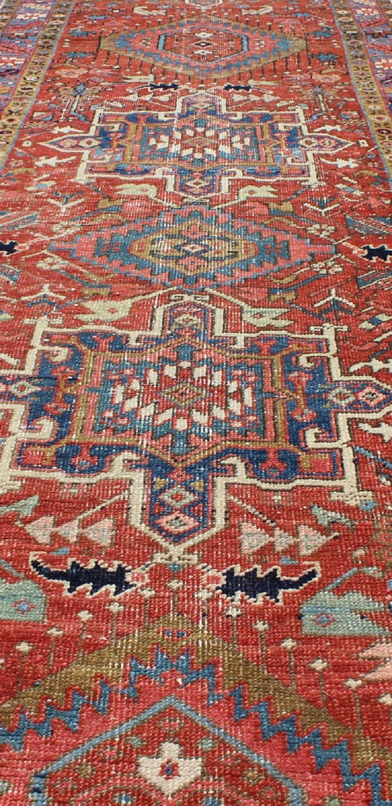 Geometric Medallion Antique Persian Heriz Runner in Brick Red and Blue In Excellent Condition For Sale In Atlanta, GA