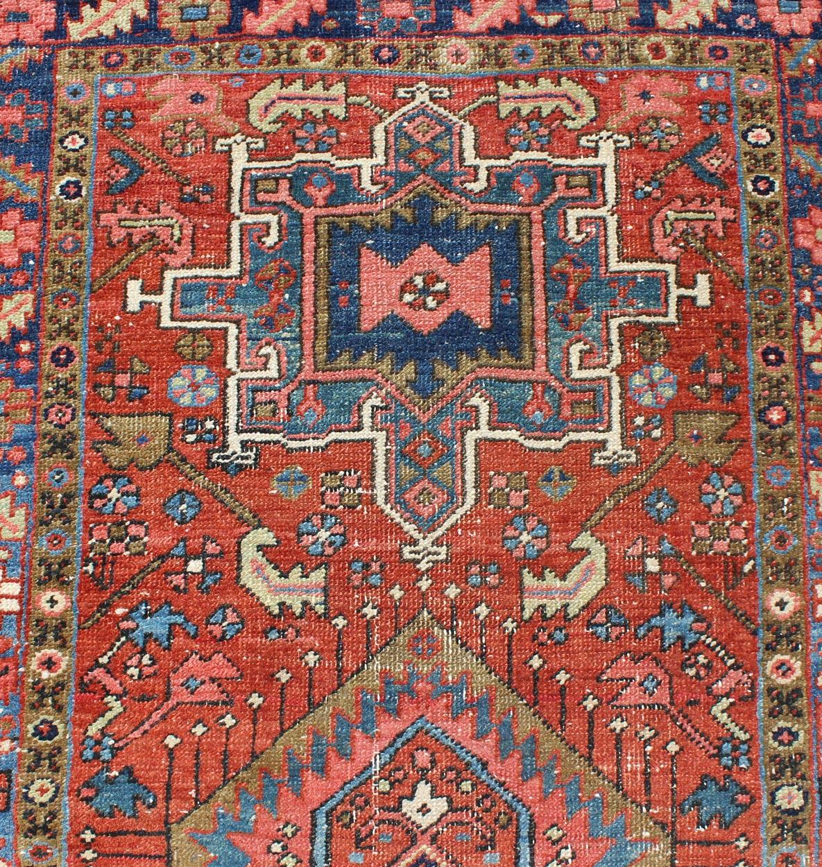 Wool Geometric Medallion Antique Persian Heriz Runner in Brick Red and Blue For Sale