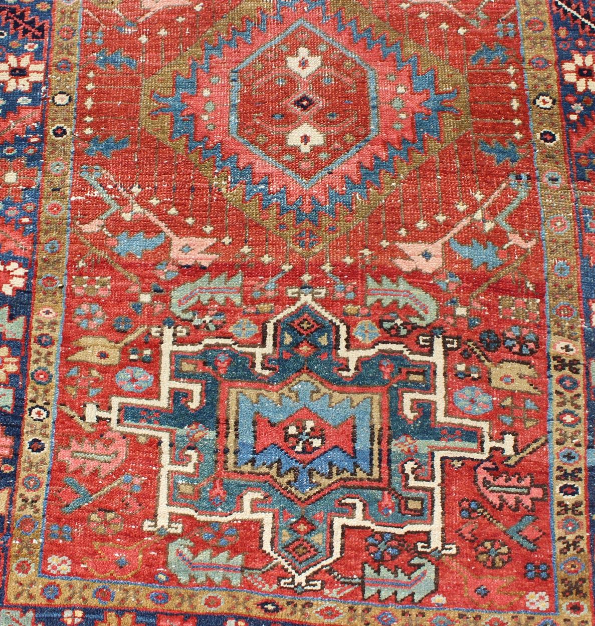 Geometric Medallion Antique Persian Heriz Runner in Brick Red and Blue For Sale 1