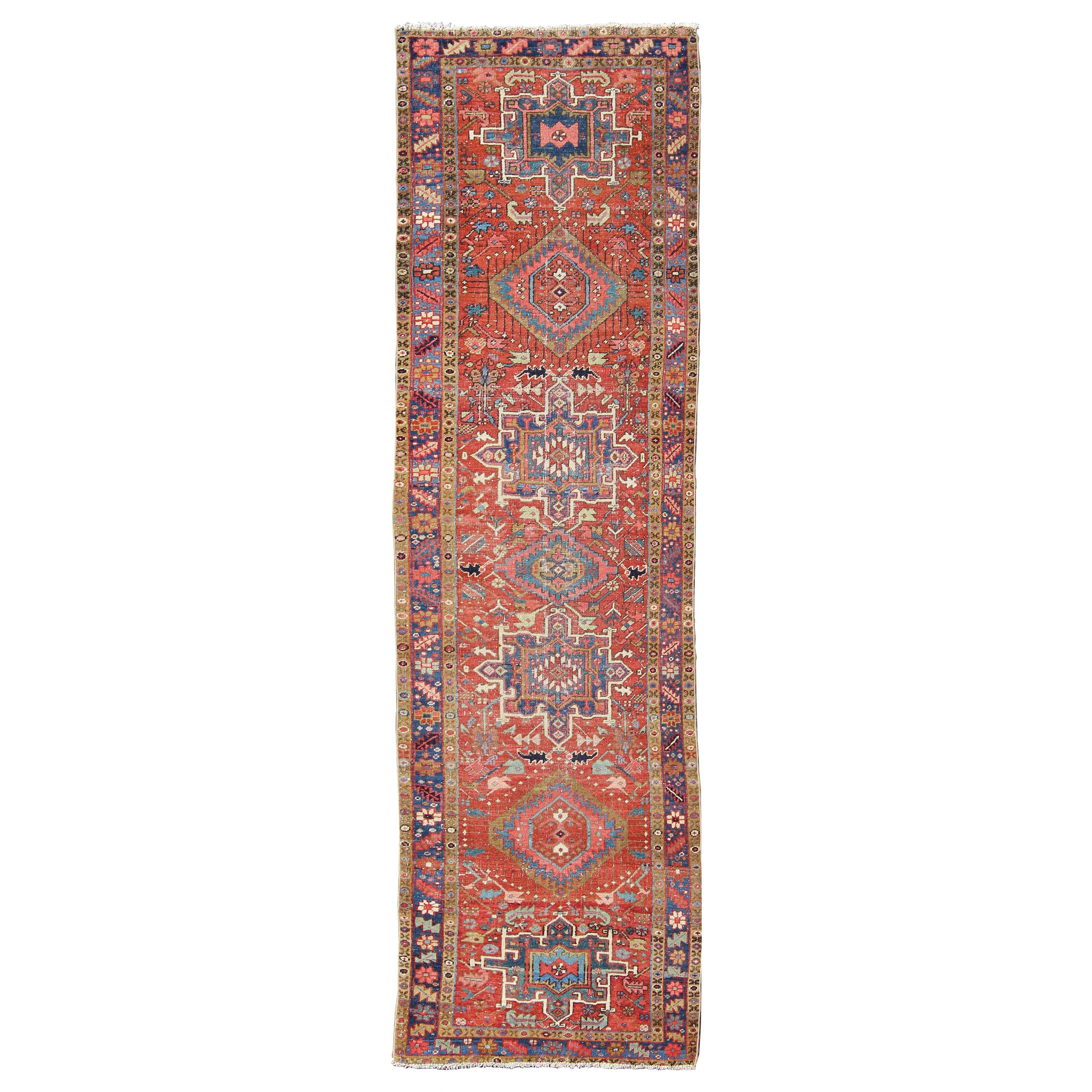 Geometric Medallion Antique Persian Heriz Runner in Brick Red and Blue For Sale