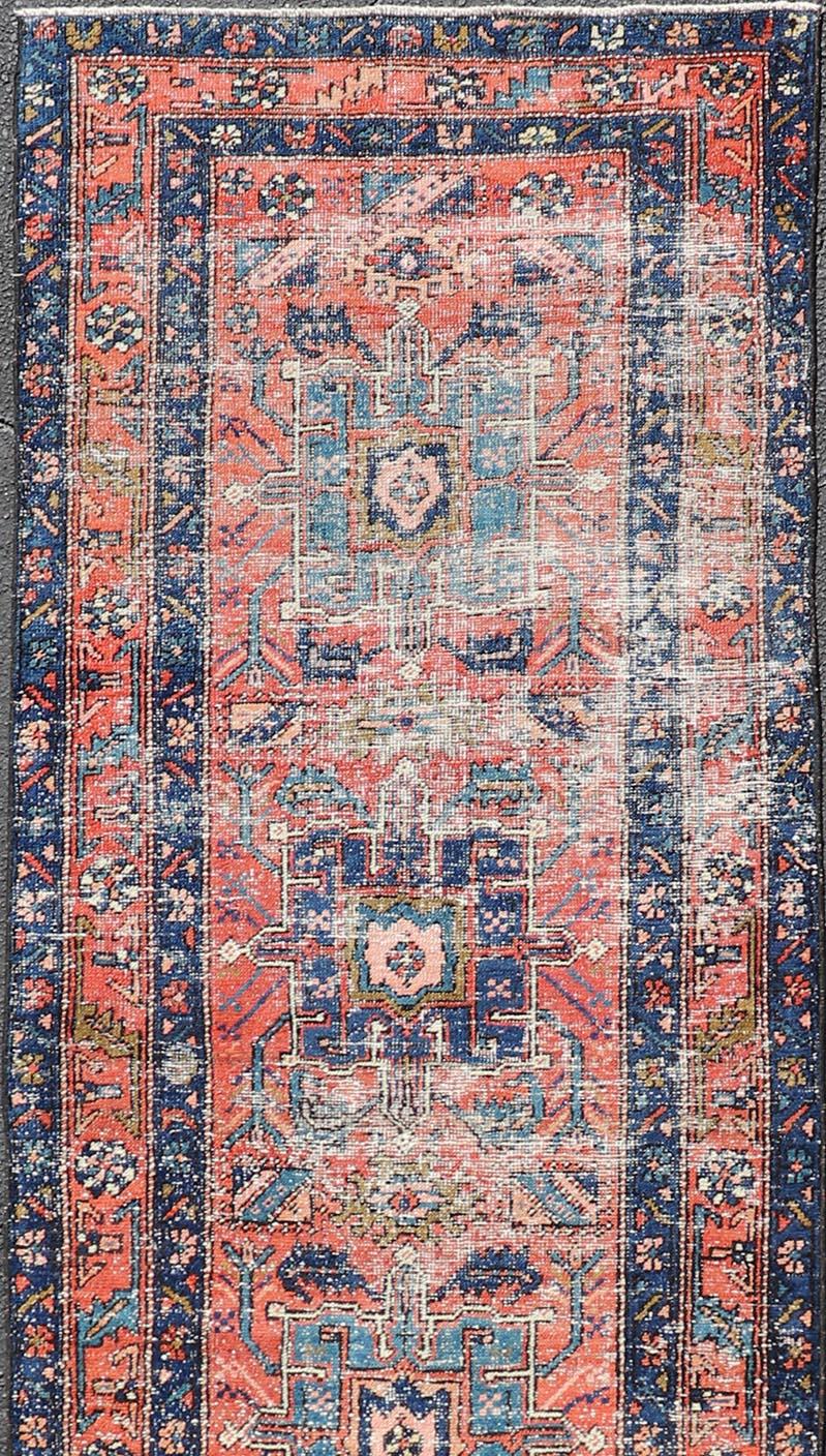 Hand-Knotted Geometric Medallion Antique Persian Heriz Runner in Orange-Red and Blue For Sale