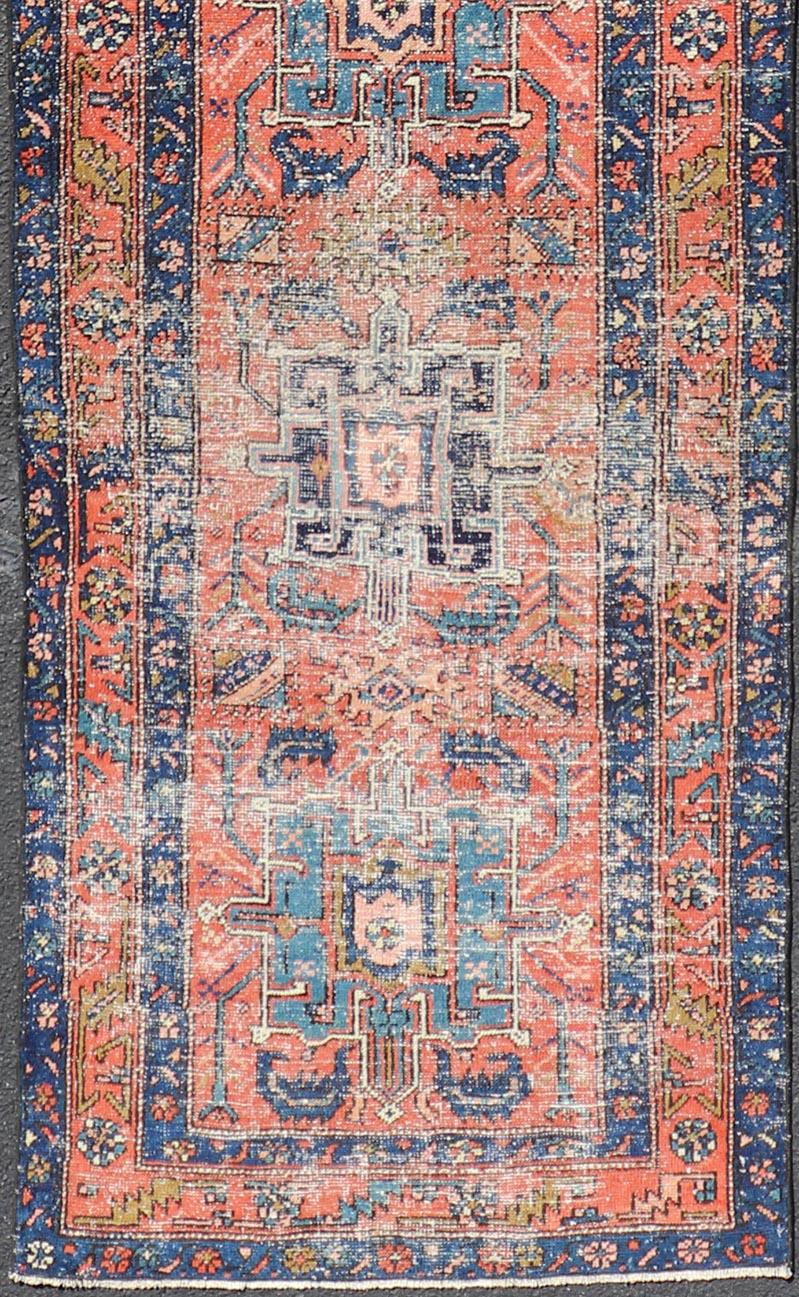 20th Century Geometric Medallion Antique Persian Heriz Runner in Orange-Red and Blue For Sale