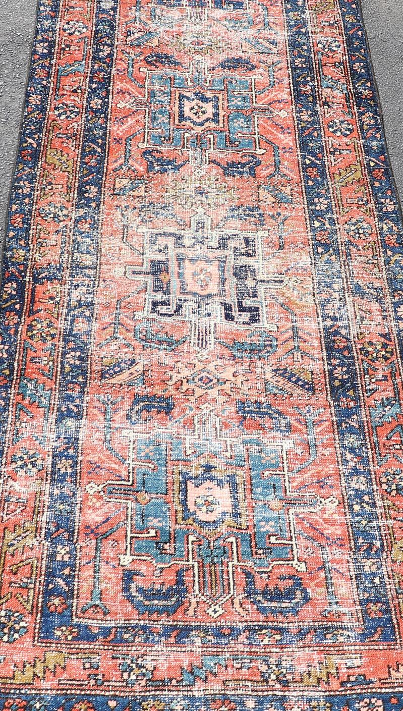 Wool Geometric Medallion Antique Persian Heriz Runner in Orange-Red and Blue For Sale