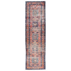 Geometric Medallion Antique Persian Heriz Runner in Orange-Red and Blue