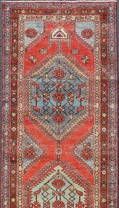 Geometric Medallion Antique Persian Heriz Runner in Red, Blue & Light Green