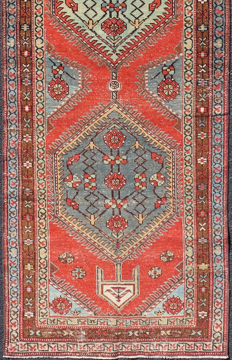 Hand-Knotted Geometric Medallion Antique Persian Heriz Runner in Red, Blue & Light Green For Sale