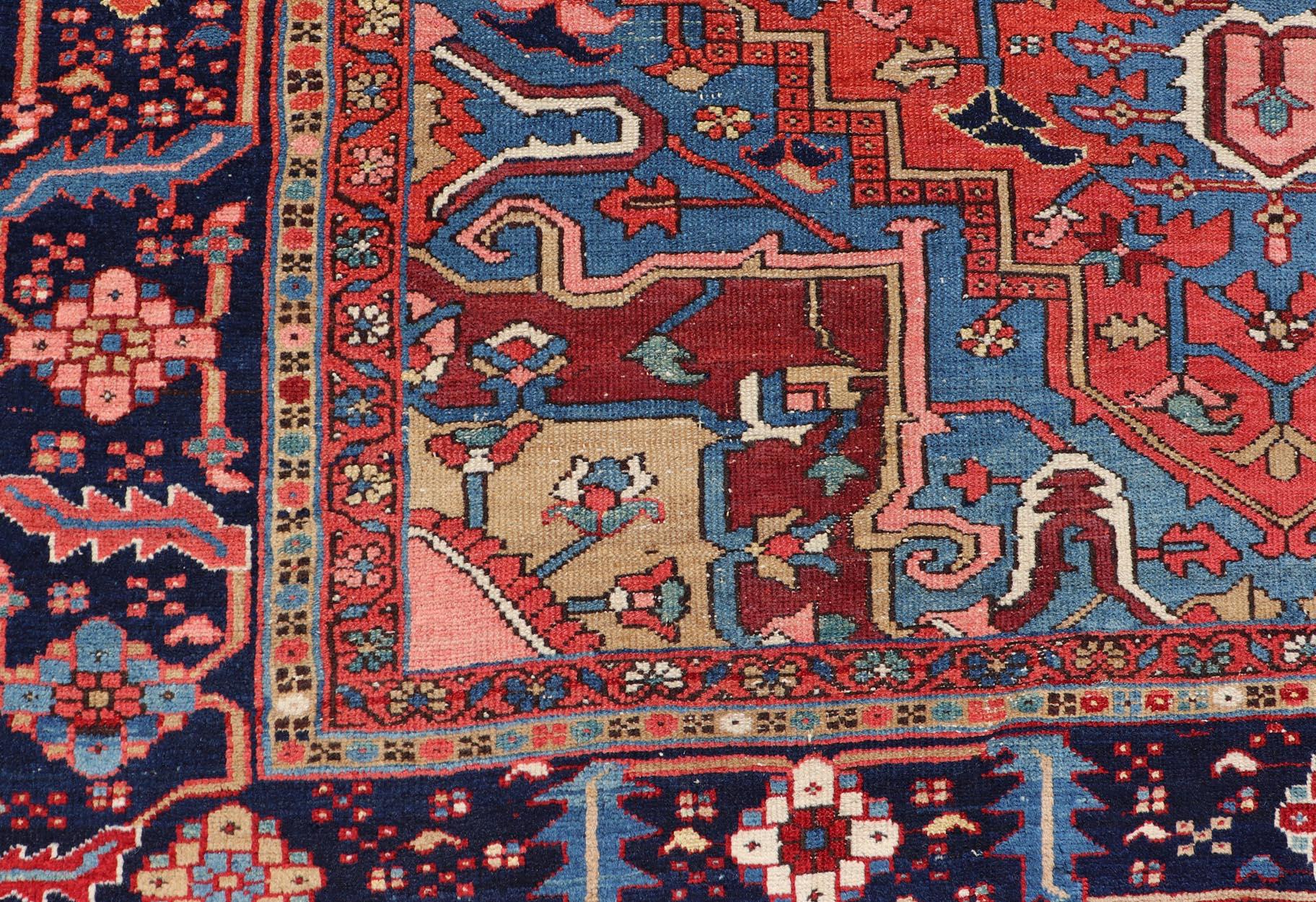 Hand-Knotted Geometric Medallion Design in Jewel Tone Antique Persian Heriz-Serapi Rug  For Sale