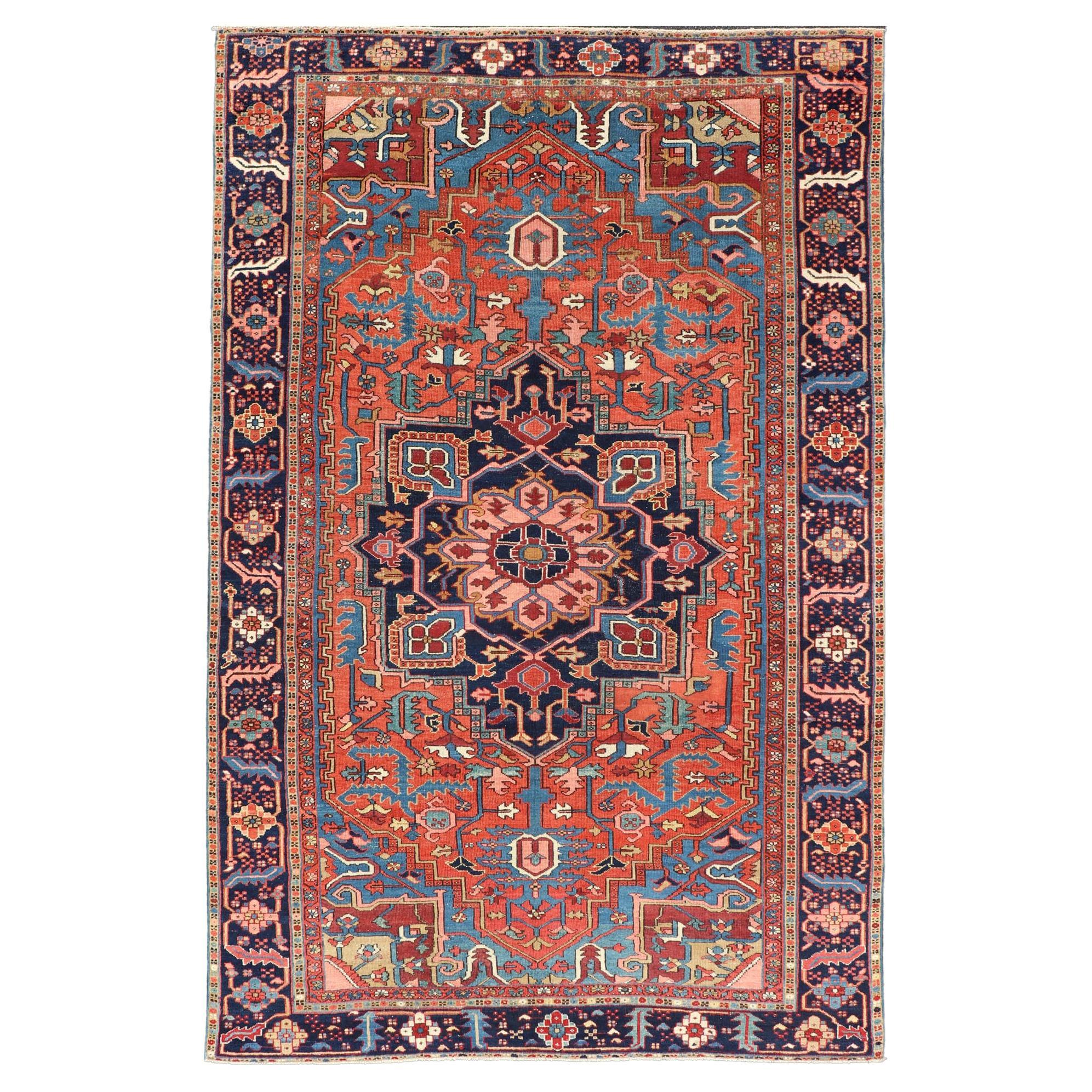 Geometric Medallion Design in Jewel Tone Antique Persian Heriz-Serapi Rug 