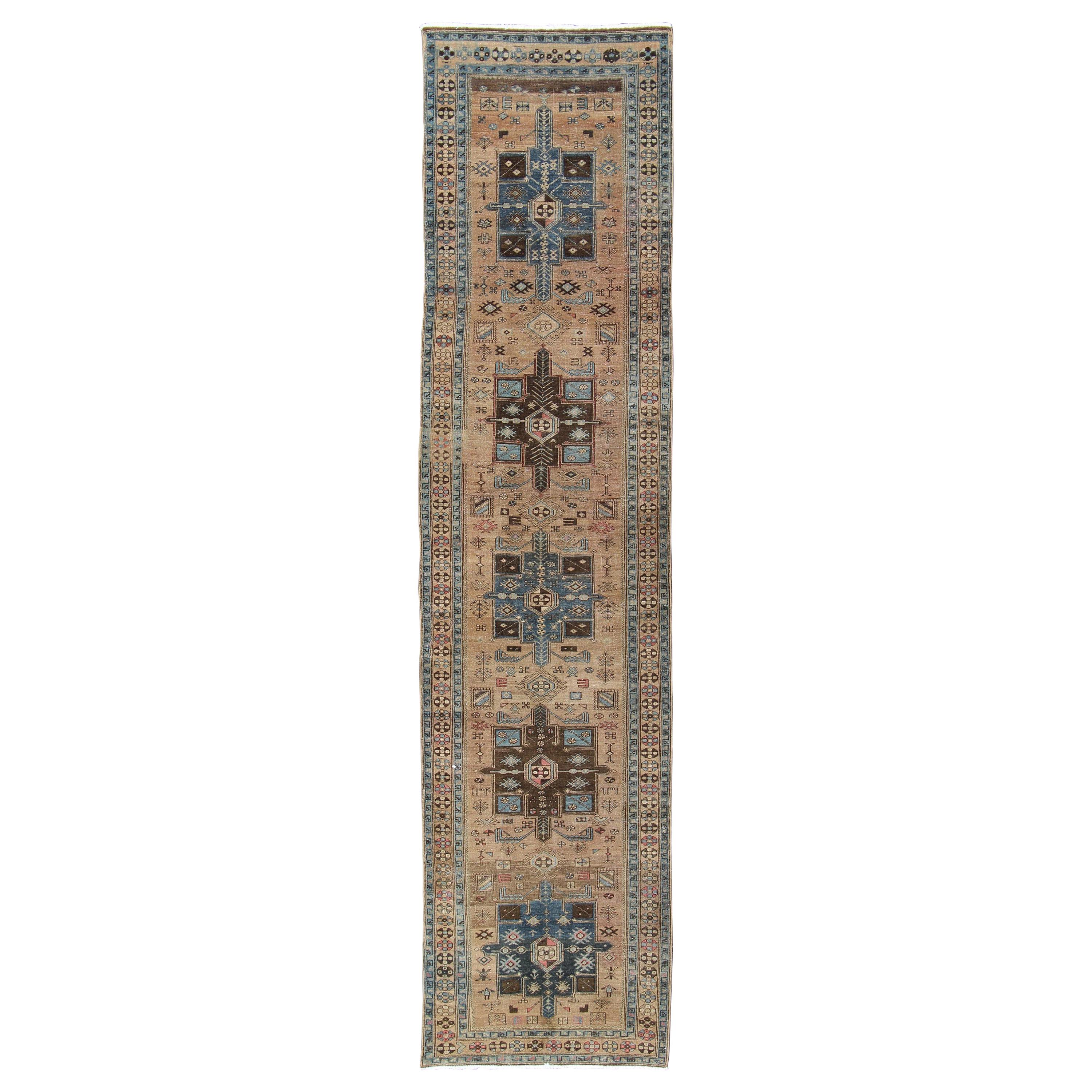 Geometric Medallion Heriz Long Antique Runner in Tan, Brown and Blue For Sale
