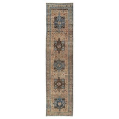 Geometric Medallion Heriz Long Antique Runner in Tan, Brown and Blue