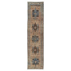 Geometric Medallion Heriz Long Antique Runner in Tan, Brown and Blue