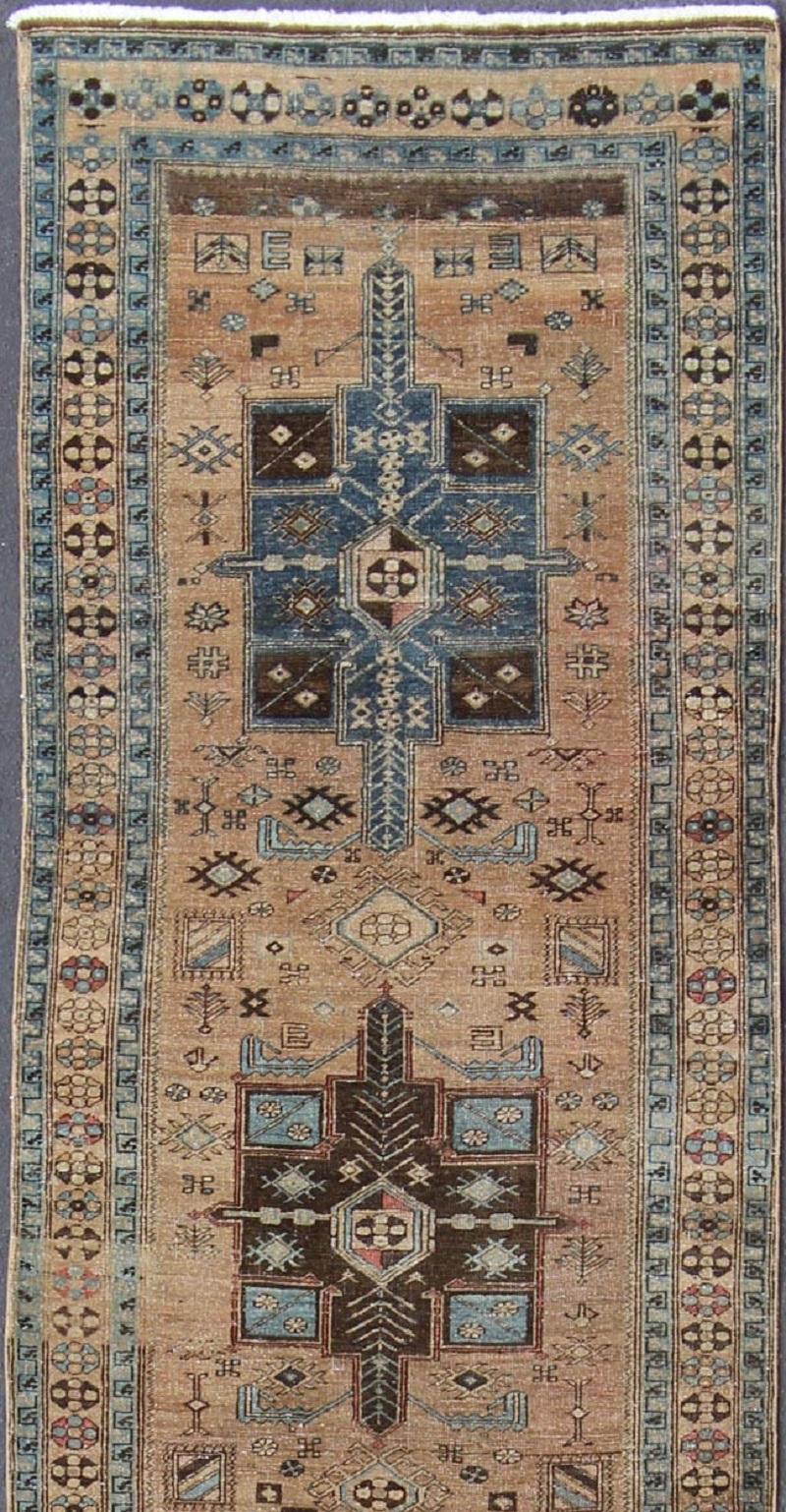 Persian Geometric Medallion Heriz Long Antique Runner in Tan, Brown and Blue For Sale