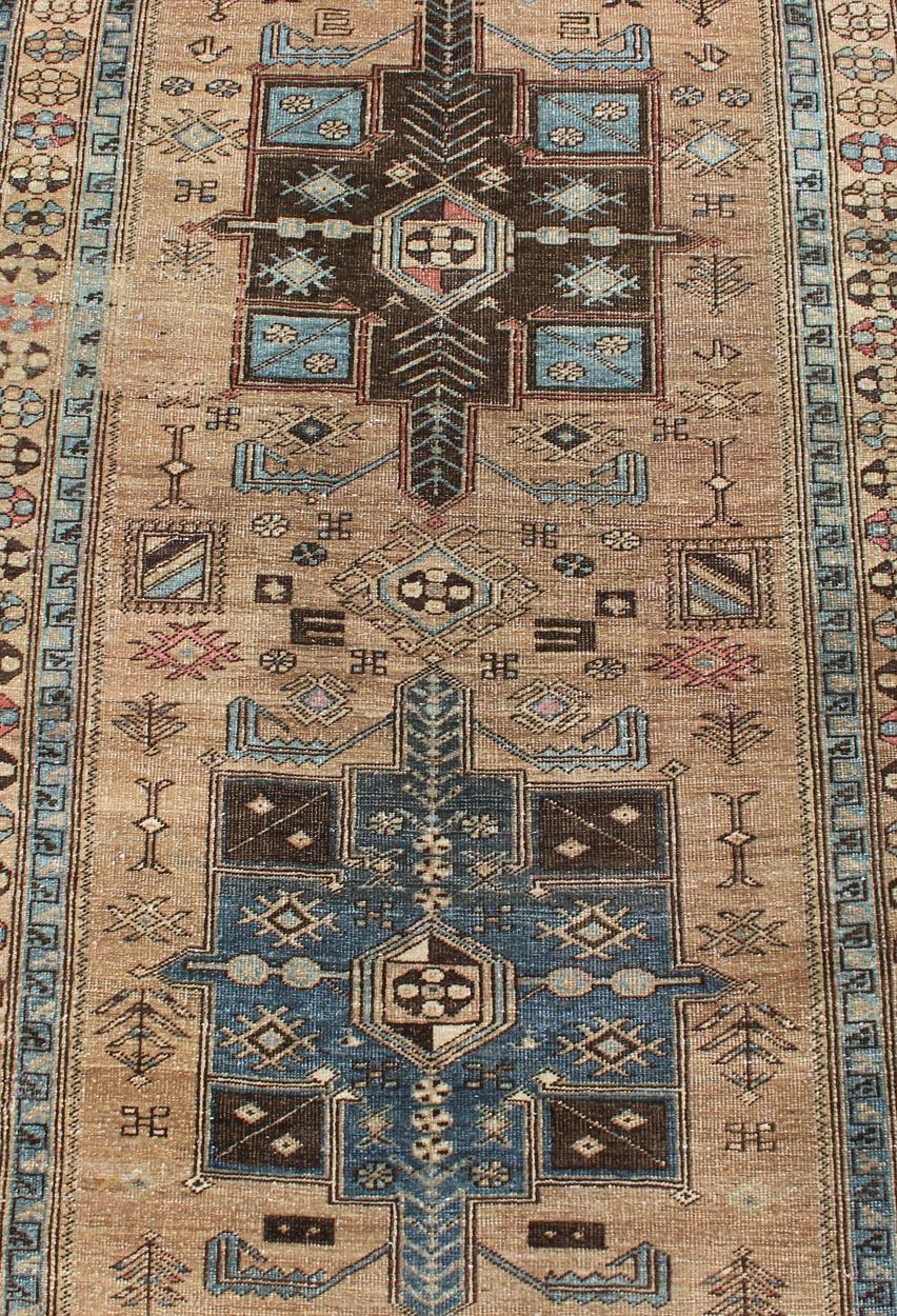 Geometric Medallion Heriz Long Antique Runner in Tan, Brown and Blue In Good Condition For Sale In Atlanta, GA