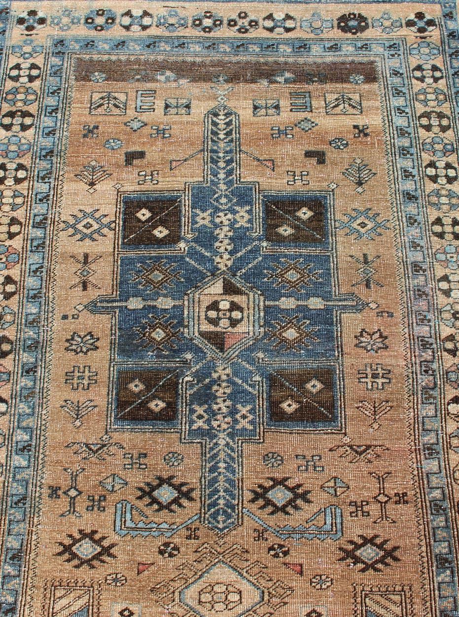 Mid-20th Century Geometric Medallion Heriz Long Antique Runner in Tan, Brown and Blue For Sale