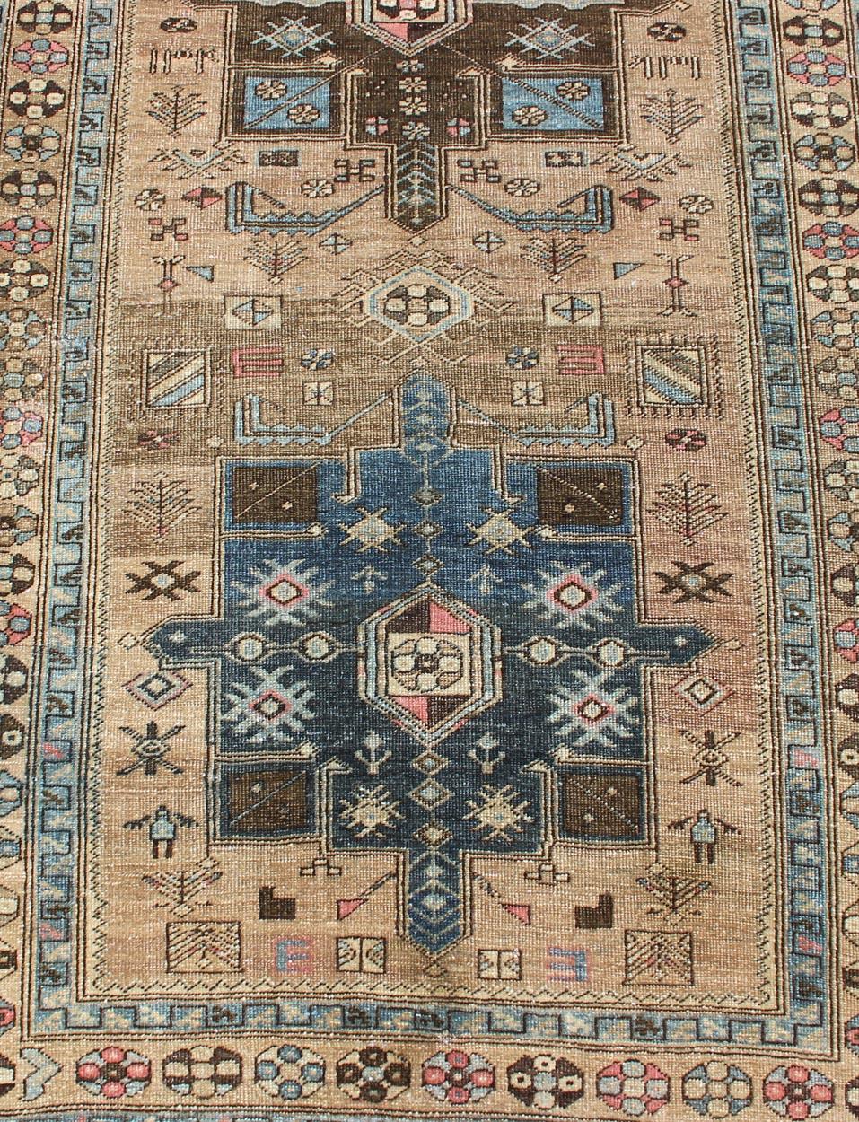 Wool Geometric Medallion Heriz Long Antique Runner in Tan, Brown and Blue For Sale