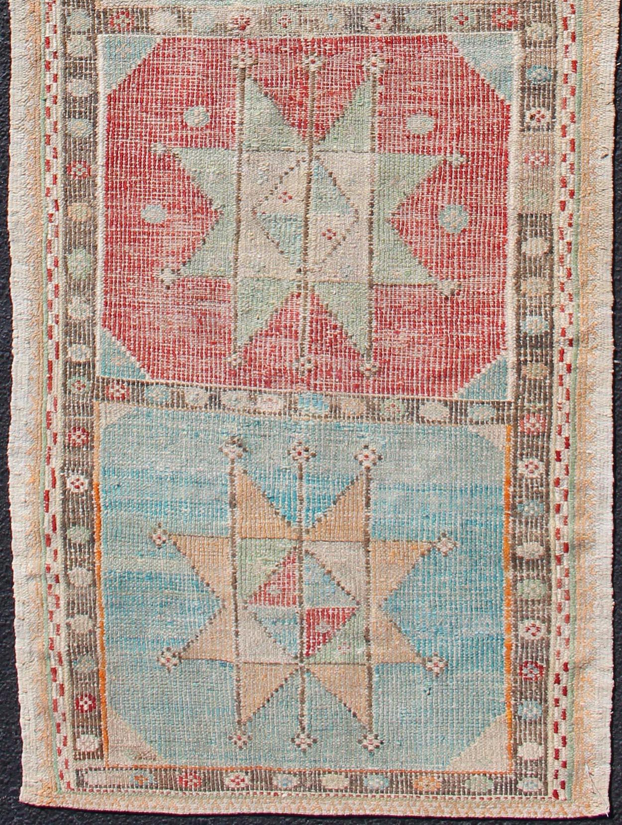 Hand-Woven Geometric Medallion Vintage Turkish Embroidered Kilim Flat-Weave Runner