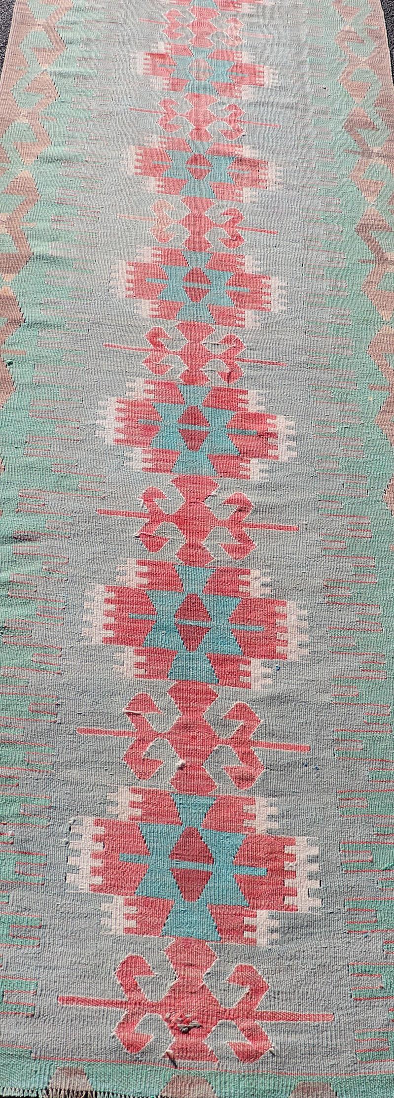 Wool Geometric Medallion Vintage Turkish Tribal Kilim Flat-Weave Runner For Sale