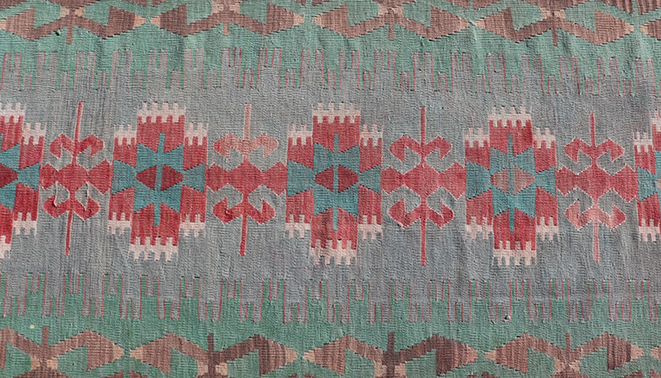 Geometric Medallion Vintage Turkish Tribal Kilim Flat-Weave Runner For Sale 2