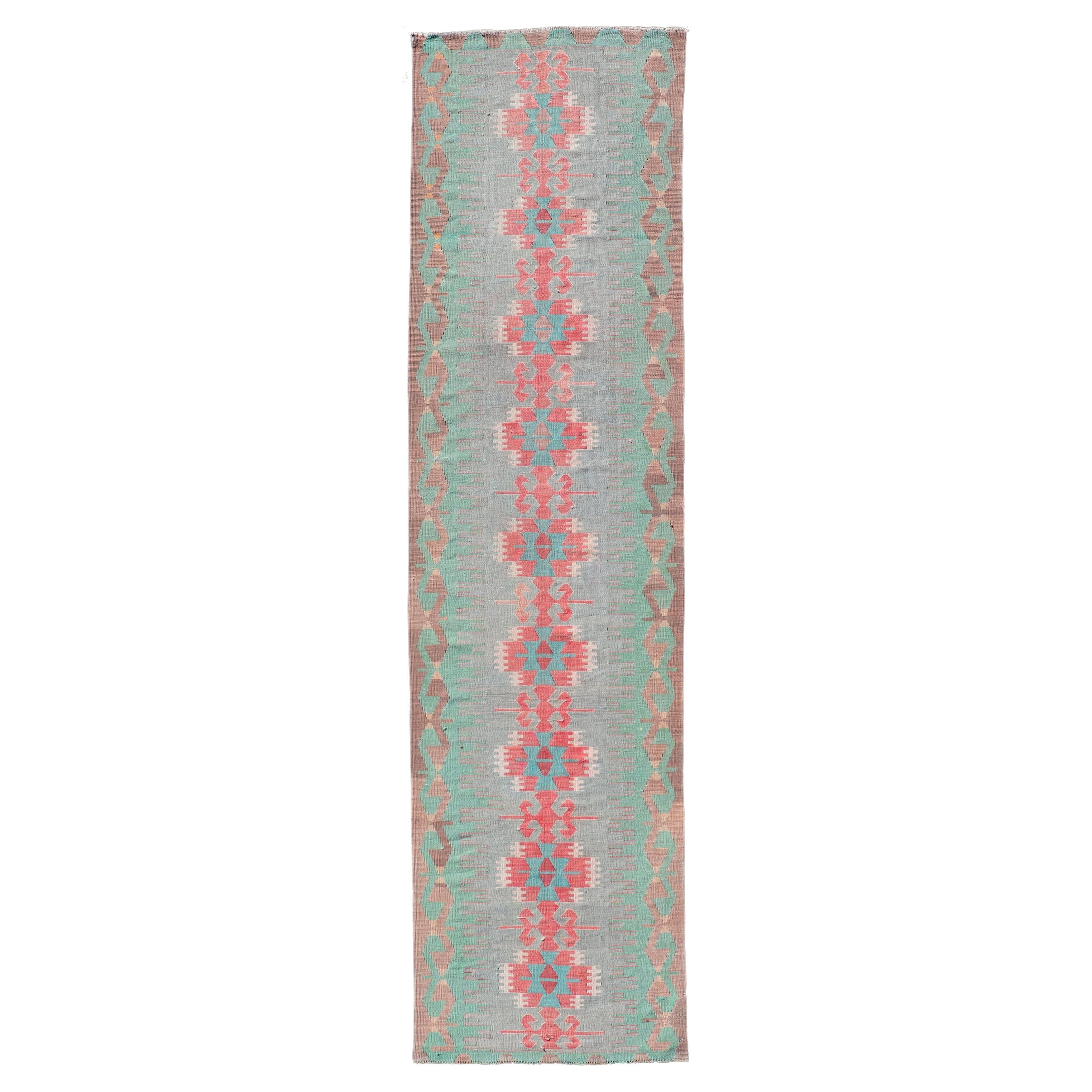 Geometric Medallion Vintage Turkish Tribal Kilim Flat-Weave Runner For Sale