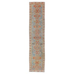 Geometric Medallions Design Antique Persian narrow Runner in Blue, Green and Red