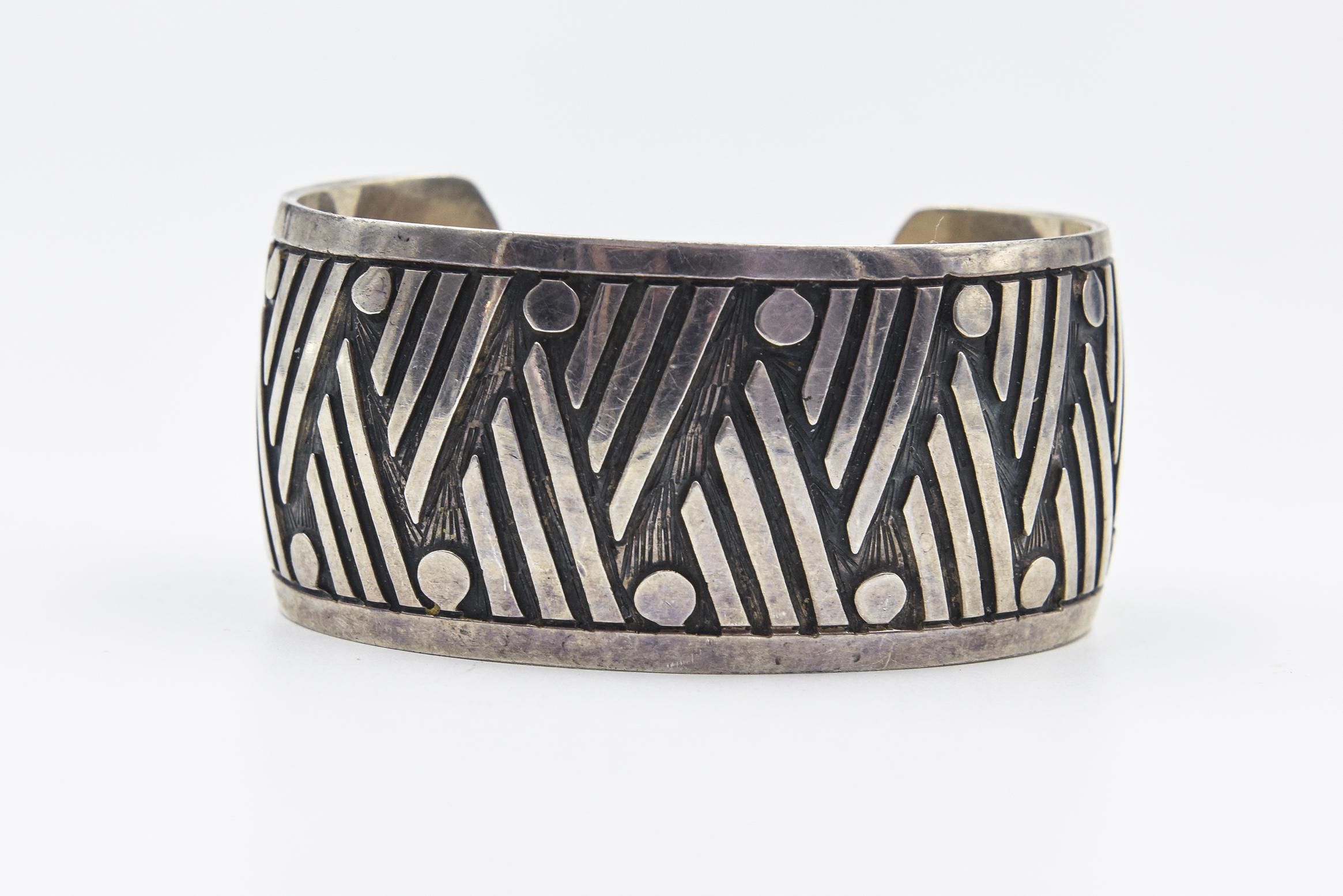 Geometric Mexican Sterling Silver Cuff Bracelet For Sale 6