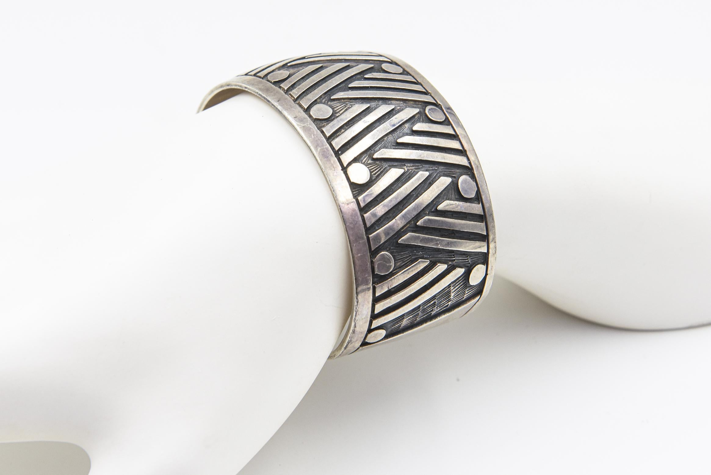 Geometric Mexican Sterling Silver Cuff Bracelet For Sale 7