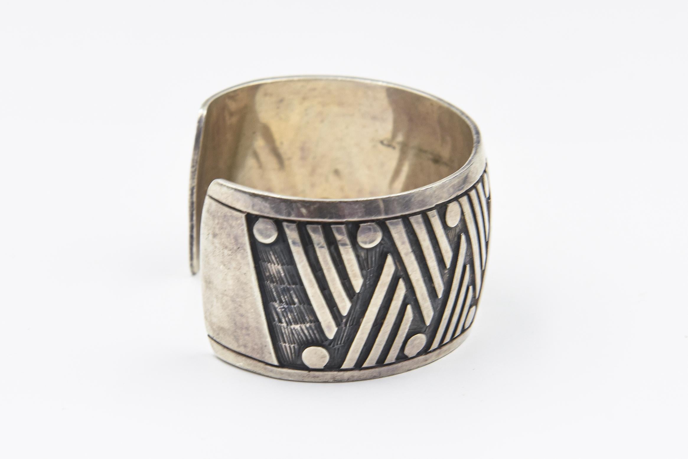 Women's or Men's Geometric Mexican Sterling Silver Cuff Bracelet For Sale