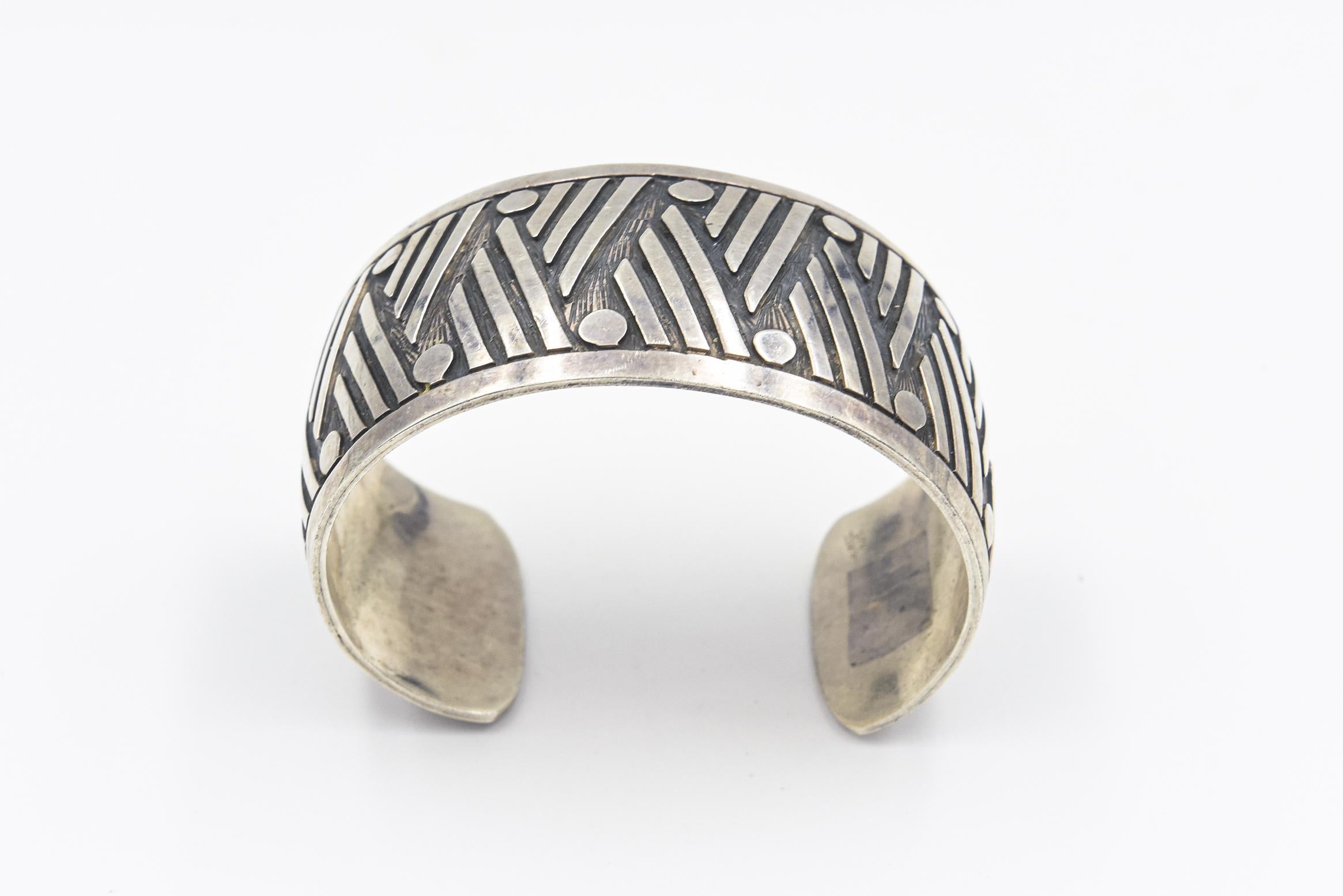 Geometric Mexican Sterling Silver Cuff Bracelet For Sale 1
