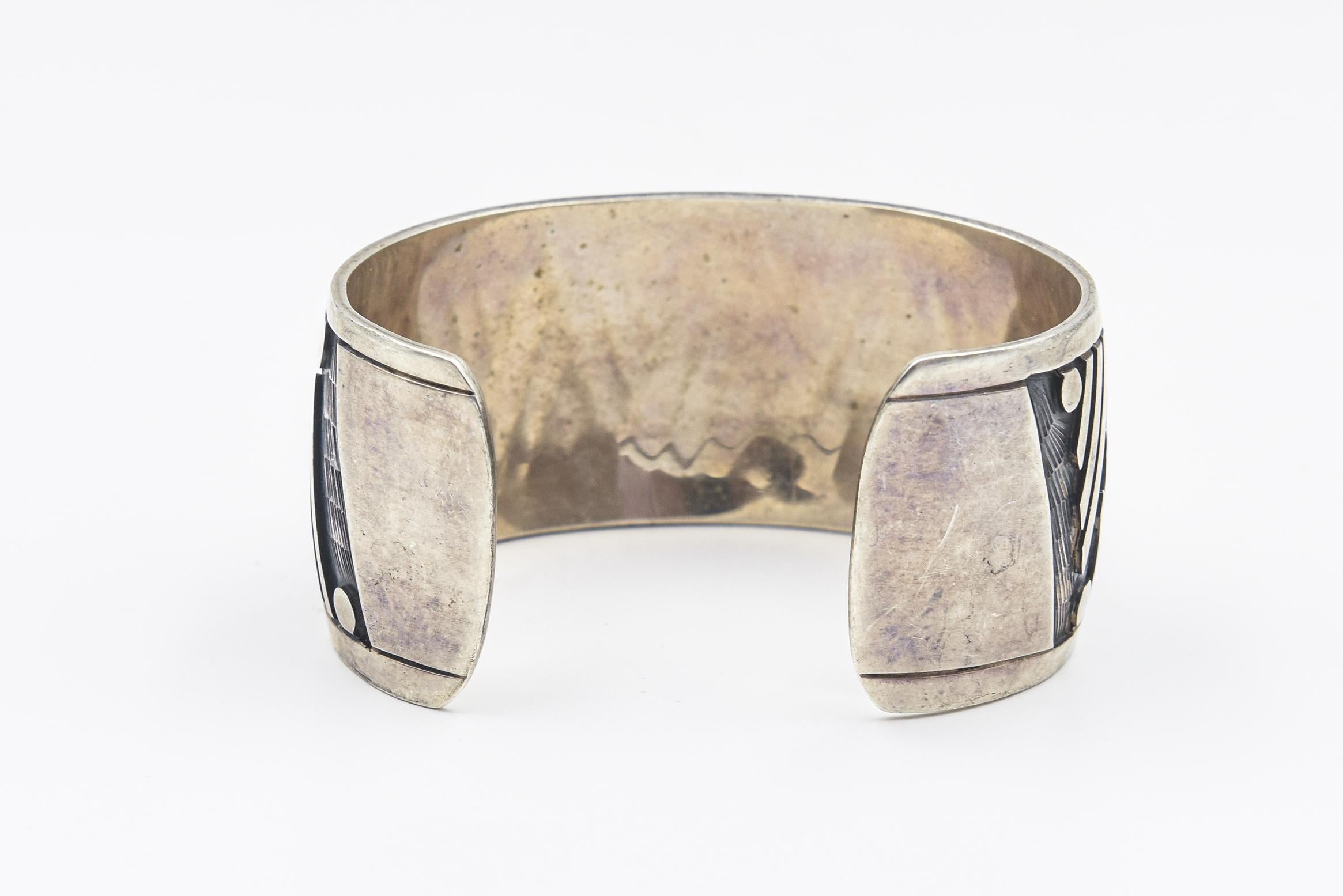 Geometric Mexican Sterling Silver Cuff Bracelet For Sale 4