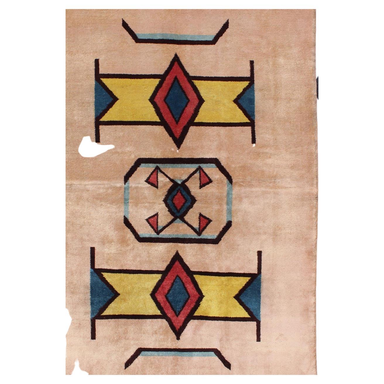 Geometric Mid-Century Modern rug with Art-Deco design, TU-MTU-02, Vintage Mid-Century Rug with Deco Design

Set on light color Champaign background, This unique mid century modern design rug displays a geometric design and multi colors such as