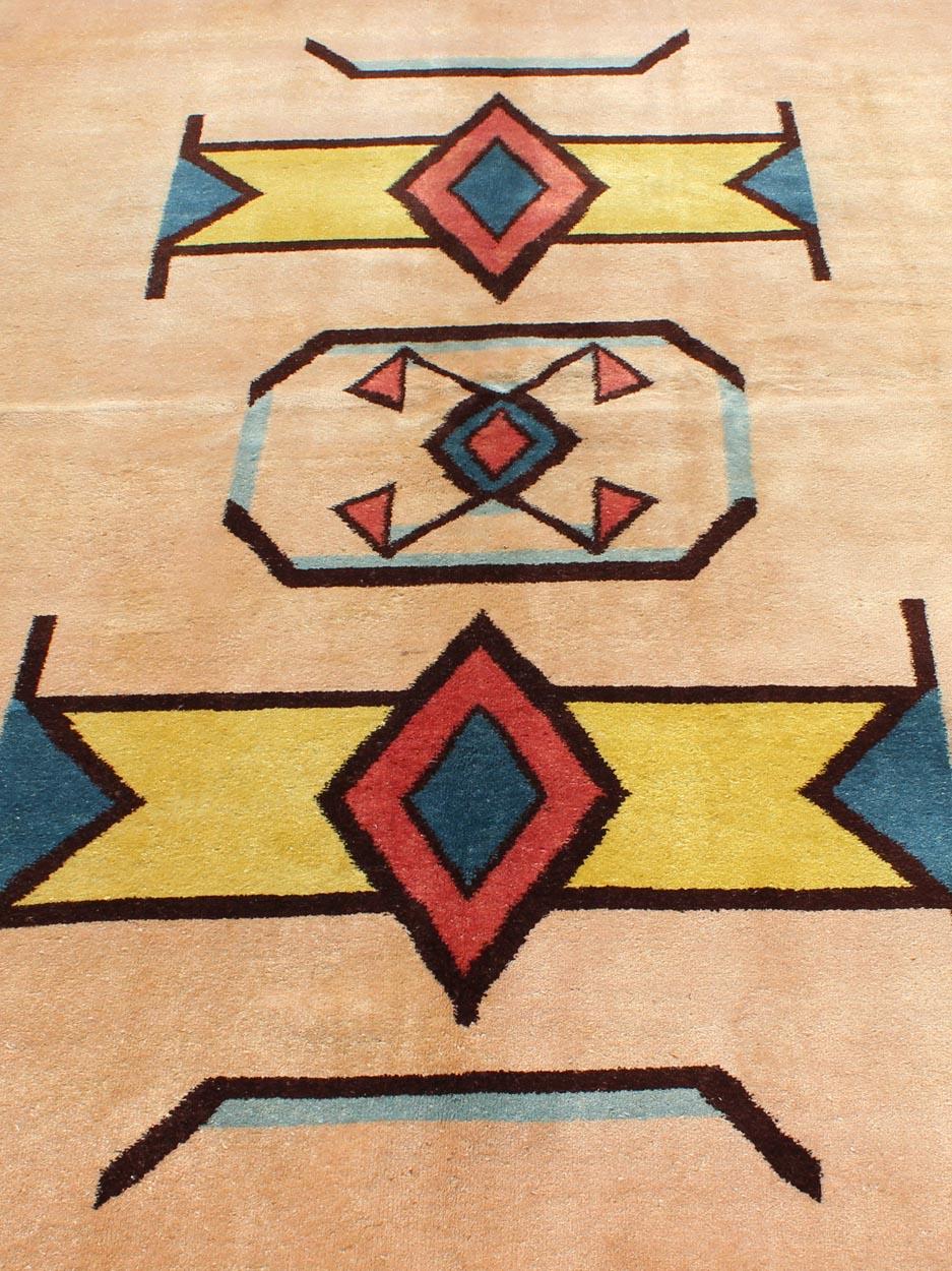 Mid-20th Century Geometric Mid-Century Modern Rug in Champaign Background, Gold, Teal, Black For Sale