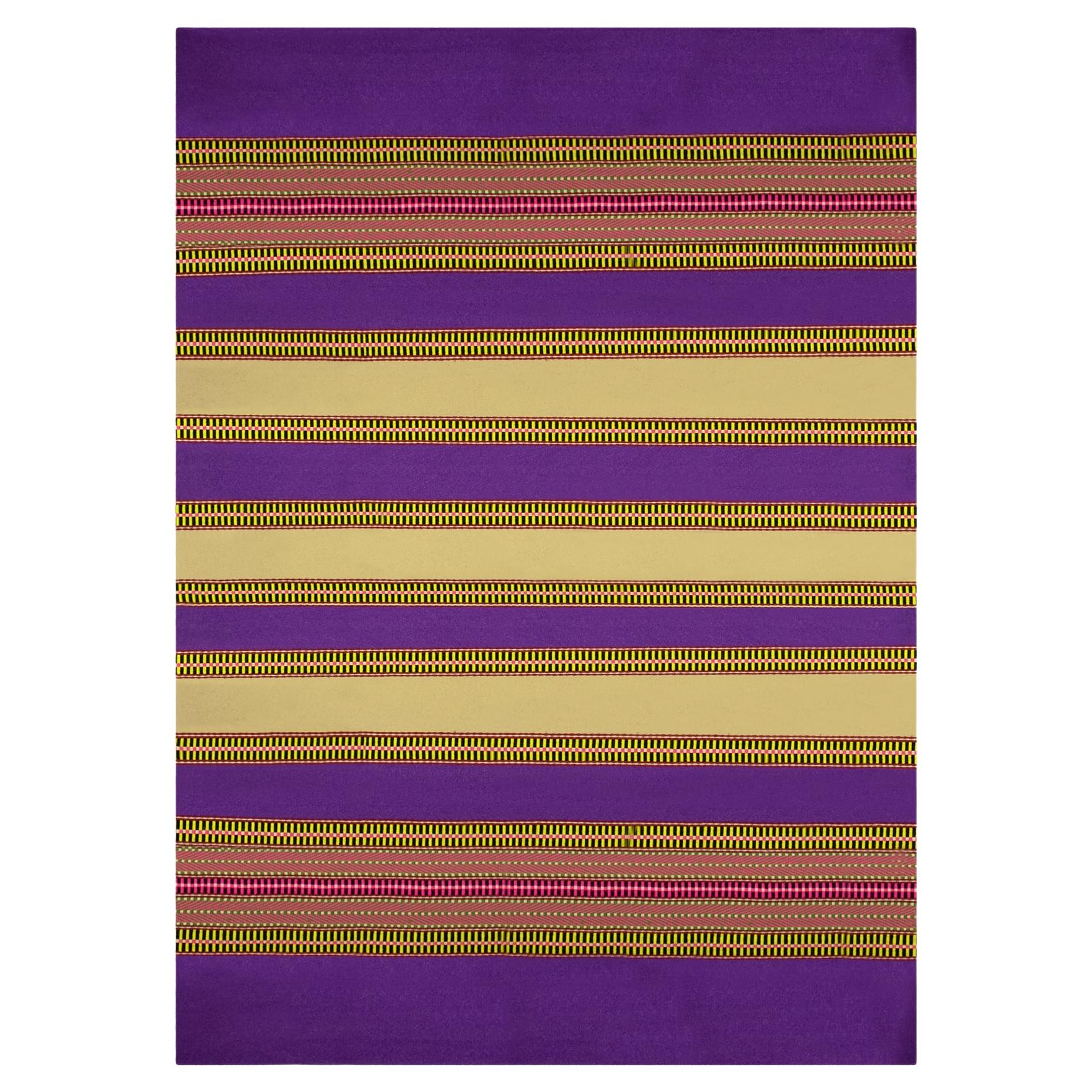 Traditional Crafted Design Stripes Pattern Handwoven Rug  Wool Purple Yellow For Sale