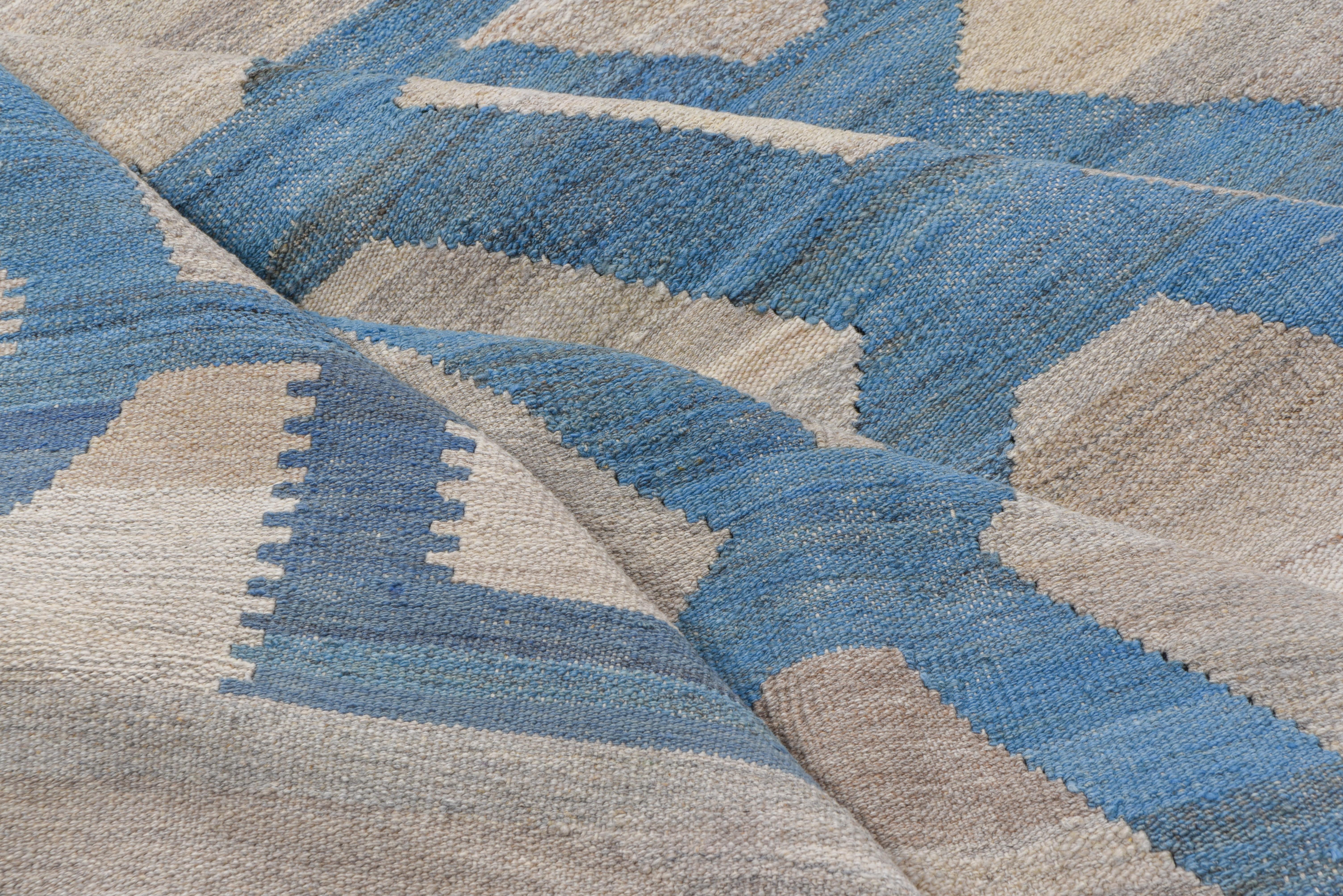 Afghan Geometric & Modern Flatweave Area Rug, Soft Light Gray & Light Blue Palette For Sale