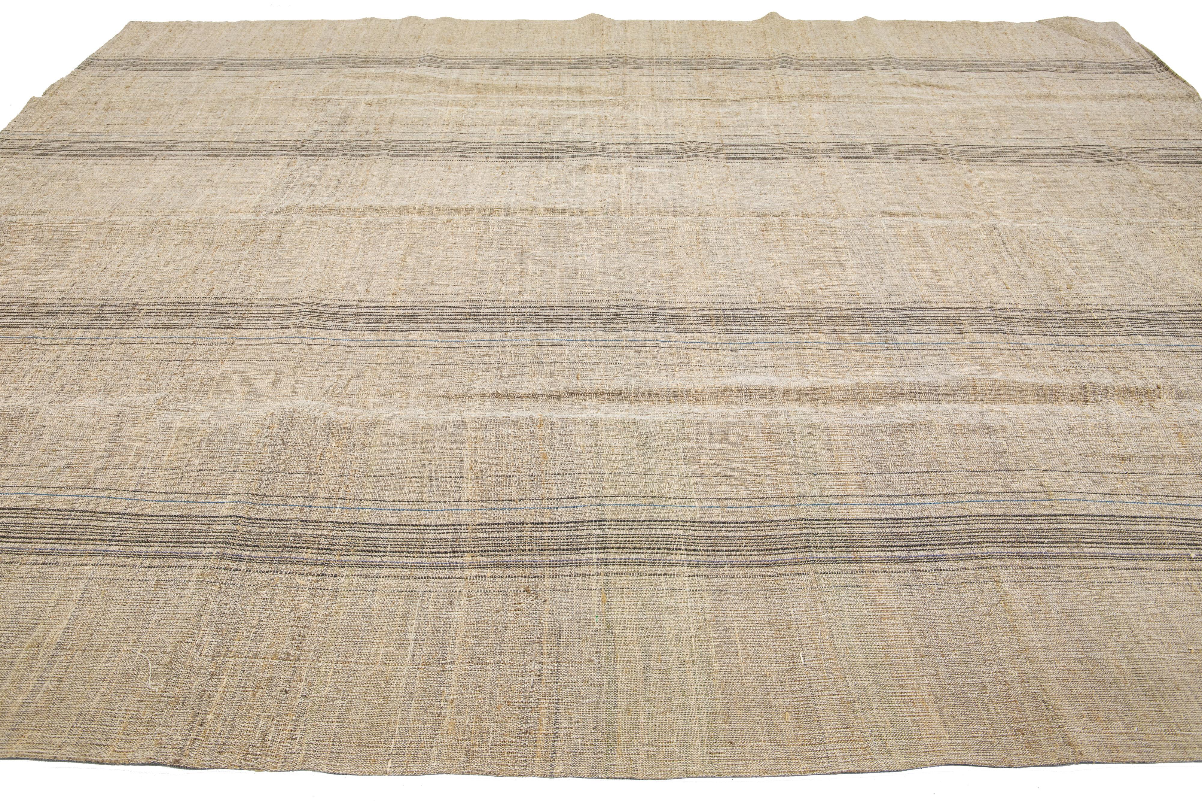 Indian Geometric Modern kilim Flatweave wool rug In Light Brown  For Sale