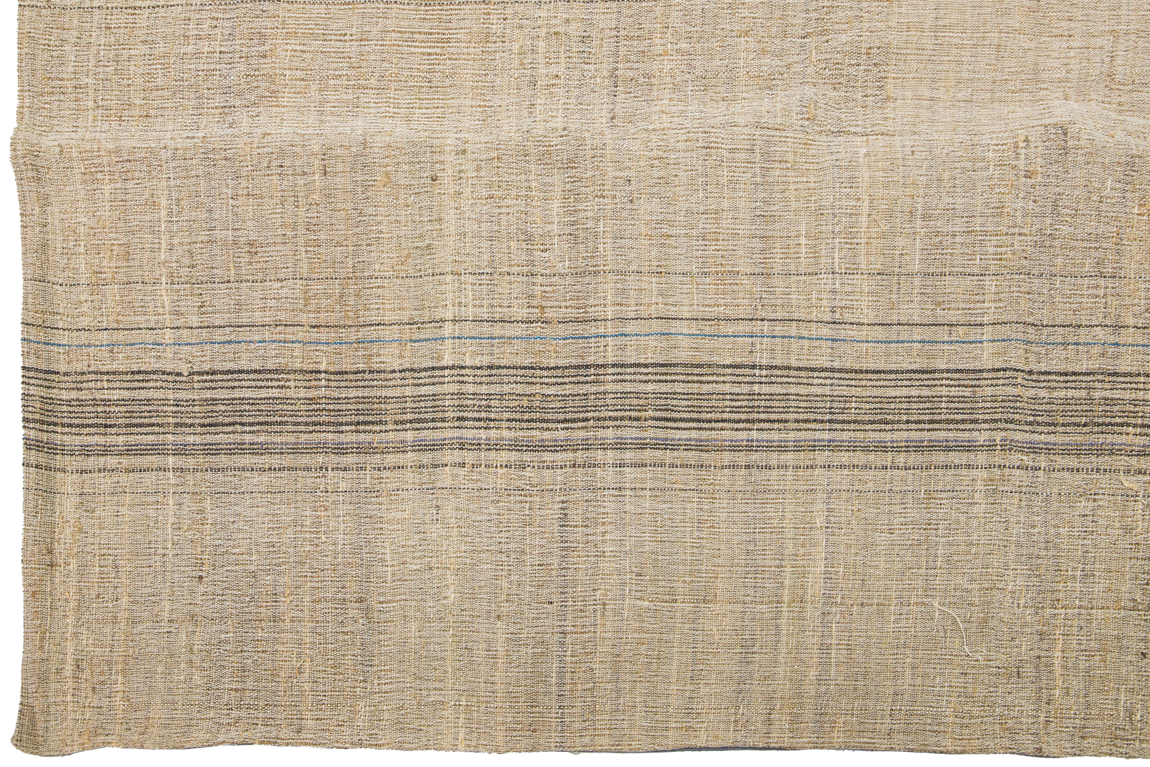 Hand-Knotted Geometric Modern kilim Flatweave wool rug In Light Brown  For Sale