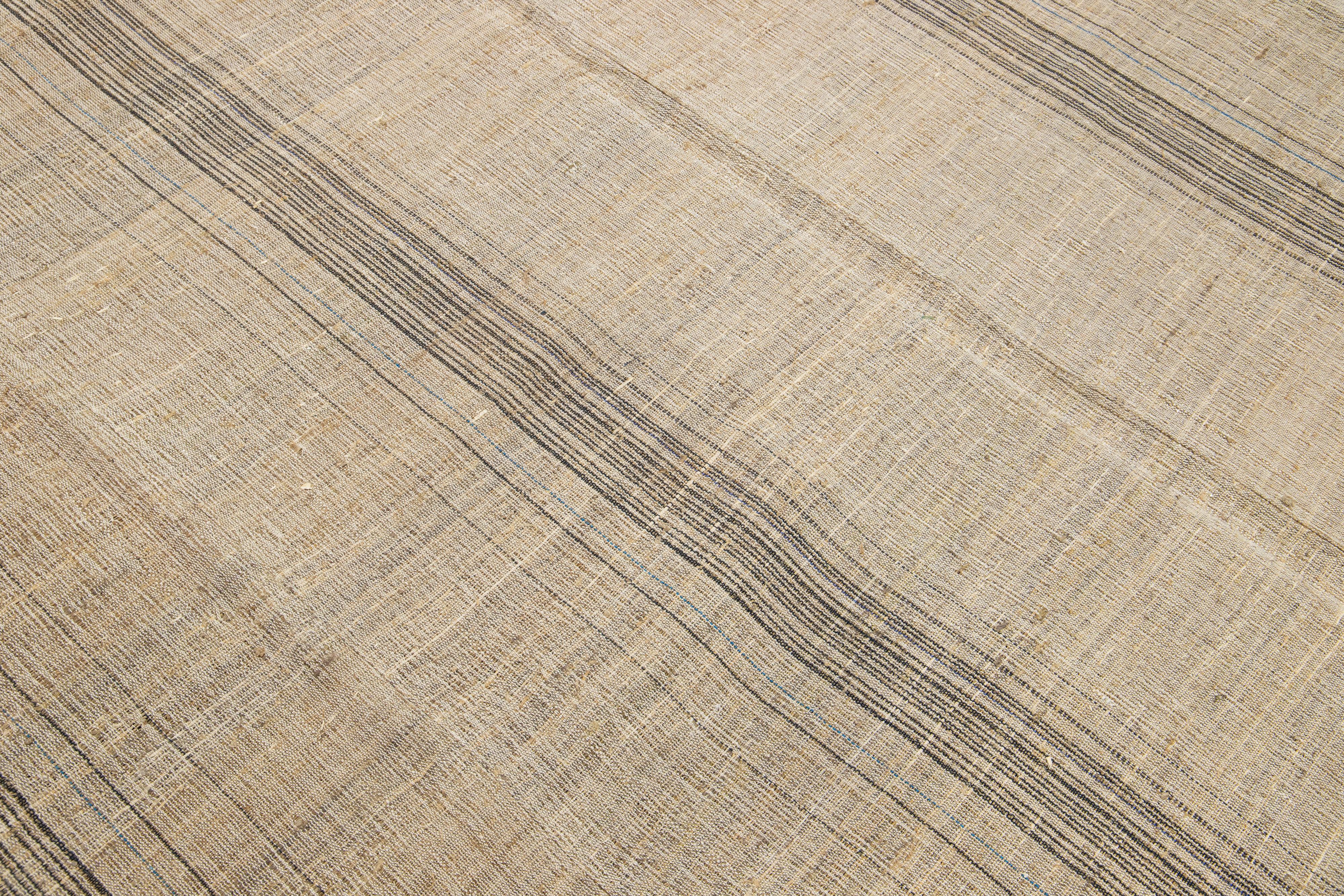 Contemporary Geometric Modern kilim Flatweave wool rug In Light Brown  For Sale