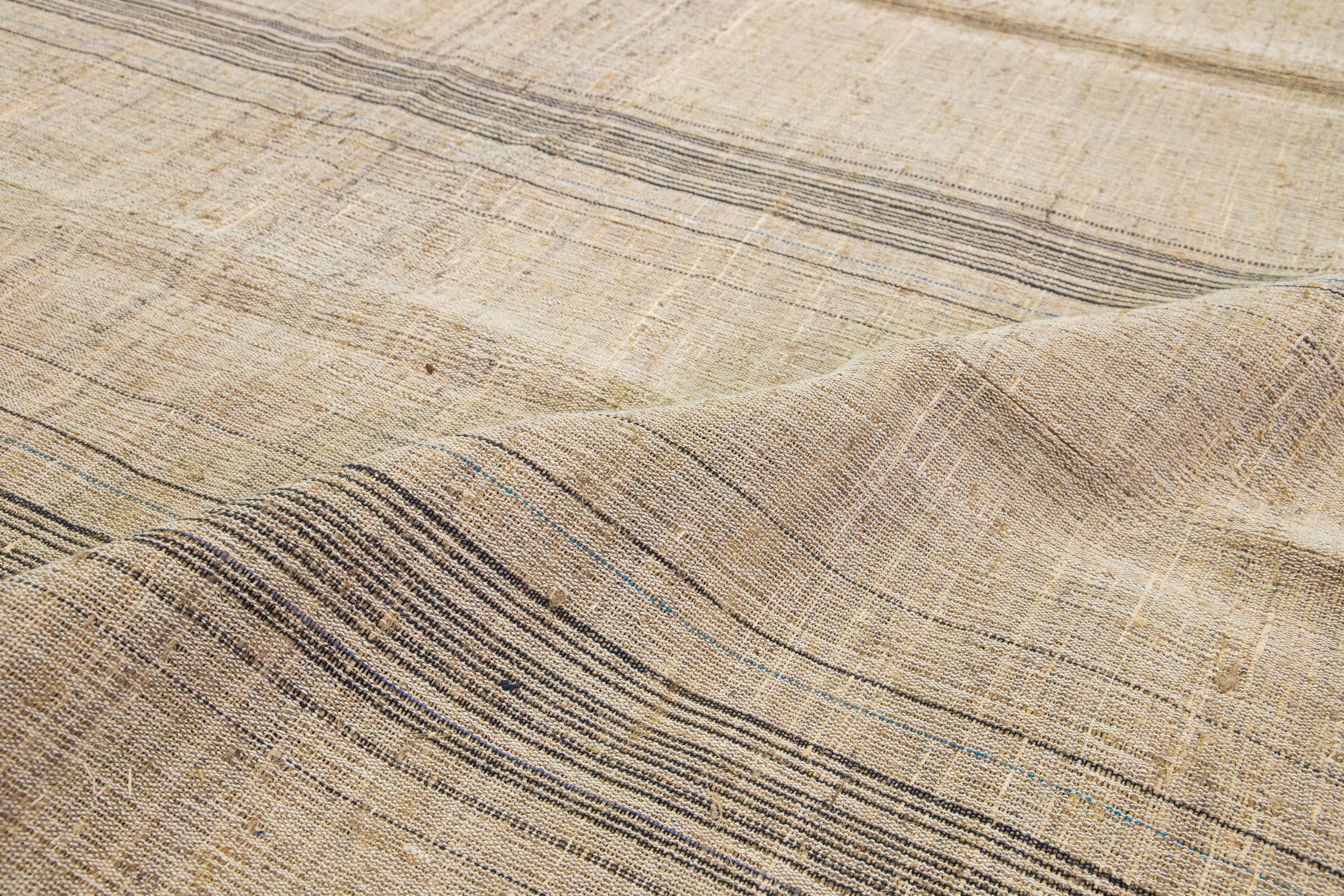 Wool Geometric Modern kilim Flatweave wool rug In Light Brown  For Sale