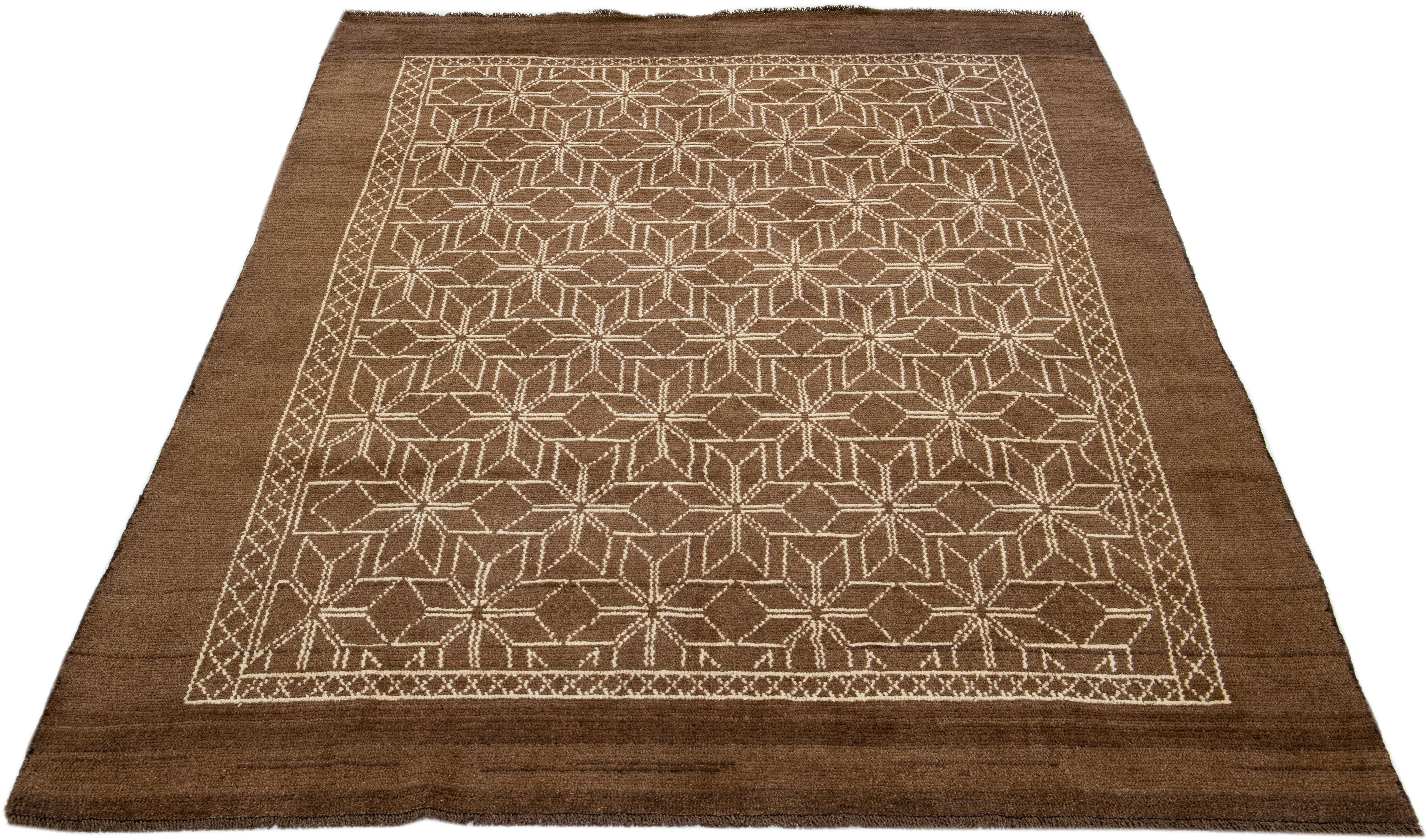 Afghan Geometric Modern Moroccan Style Handmade Brown Wool Rug by Apadana For Sale