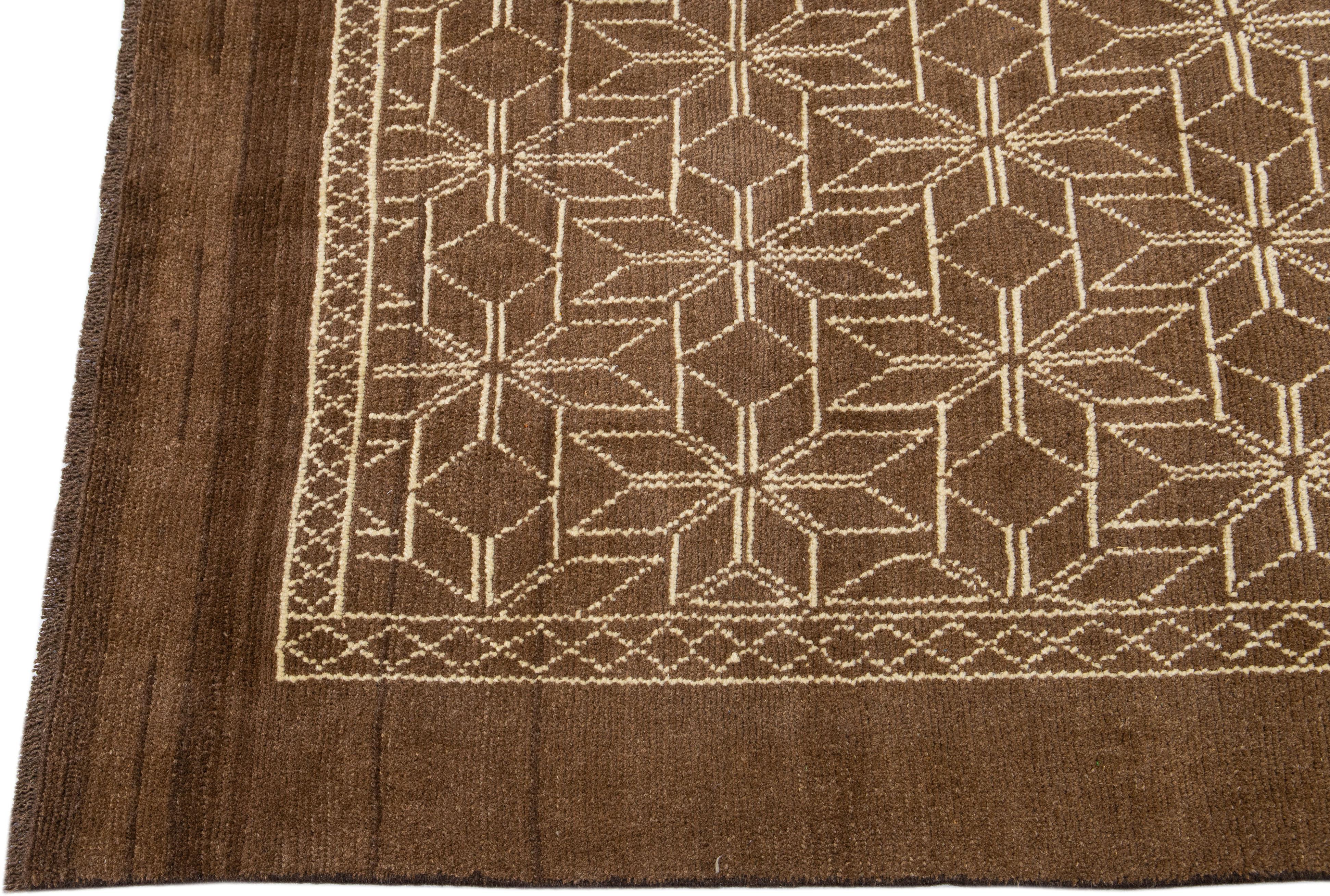 Hand-Knotted Geometric Modern Moroccan Style Handmade Brown Wool Rug by Apadana For Sale