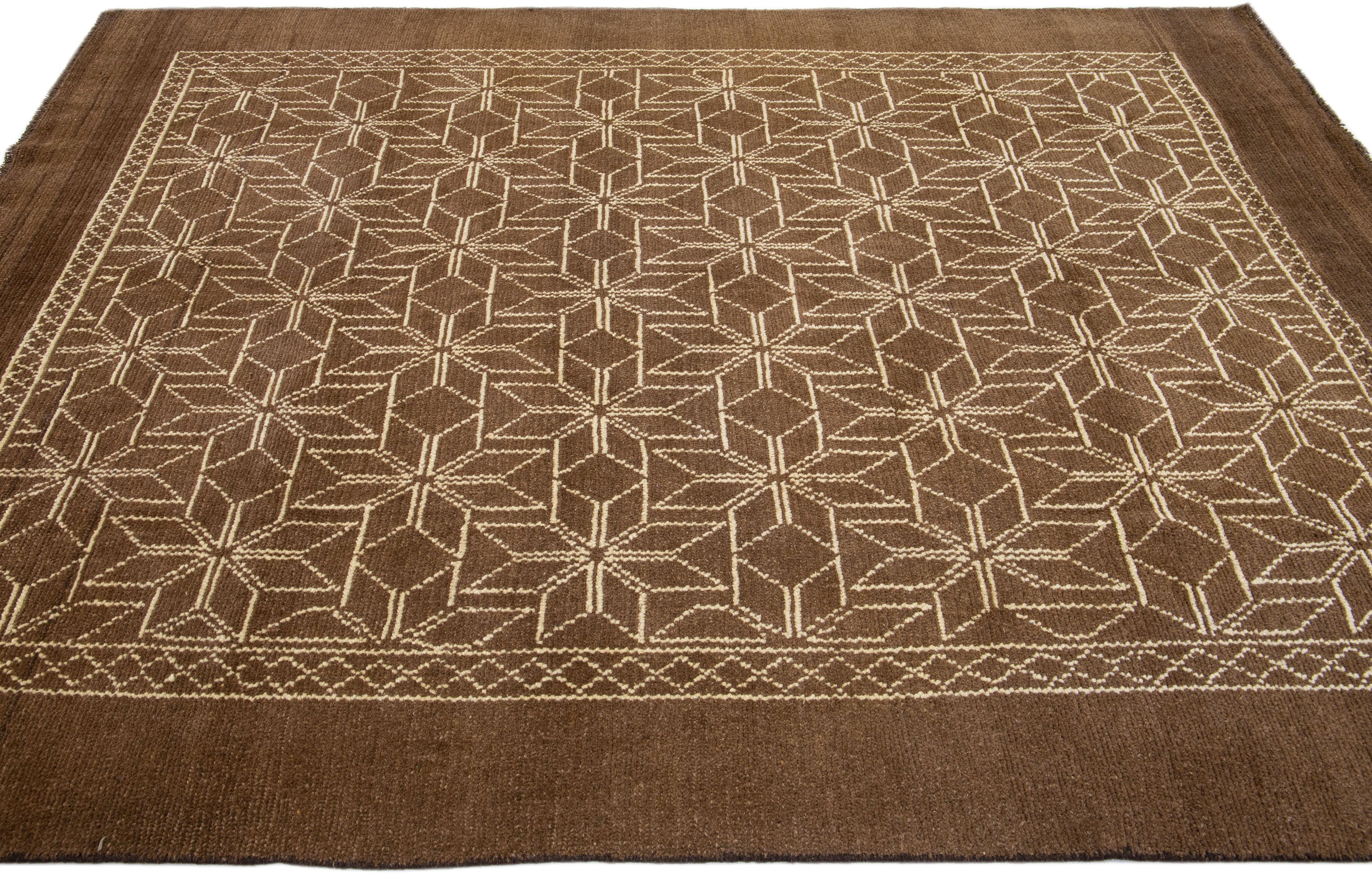 Geometric Modern Moroccan Style Handmade Brown Wool Rug by Apadana In New Condition For Sale In Norwalk, CT