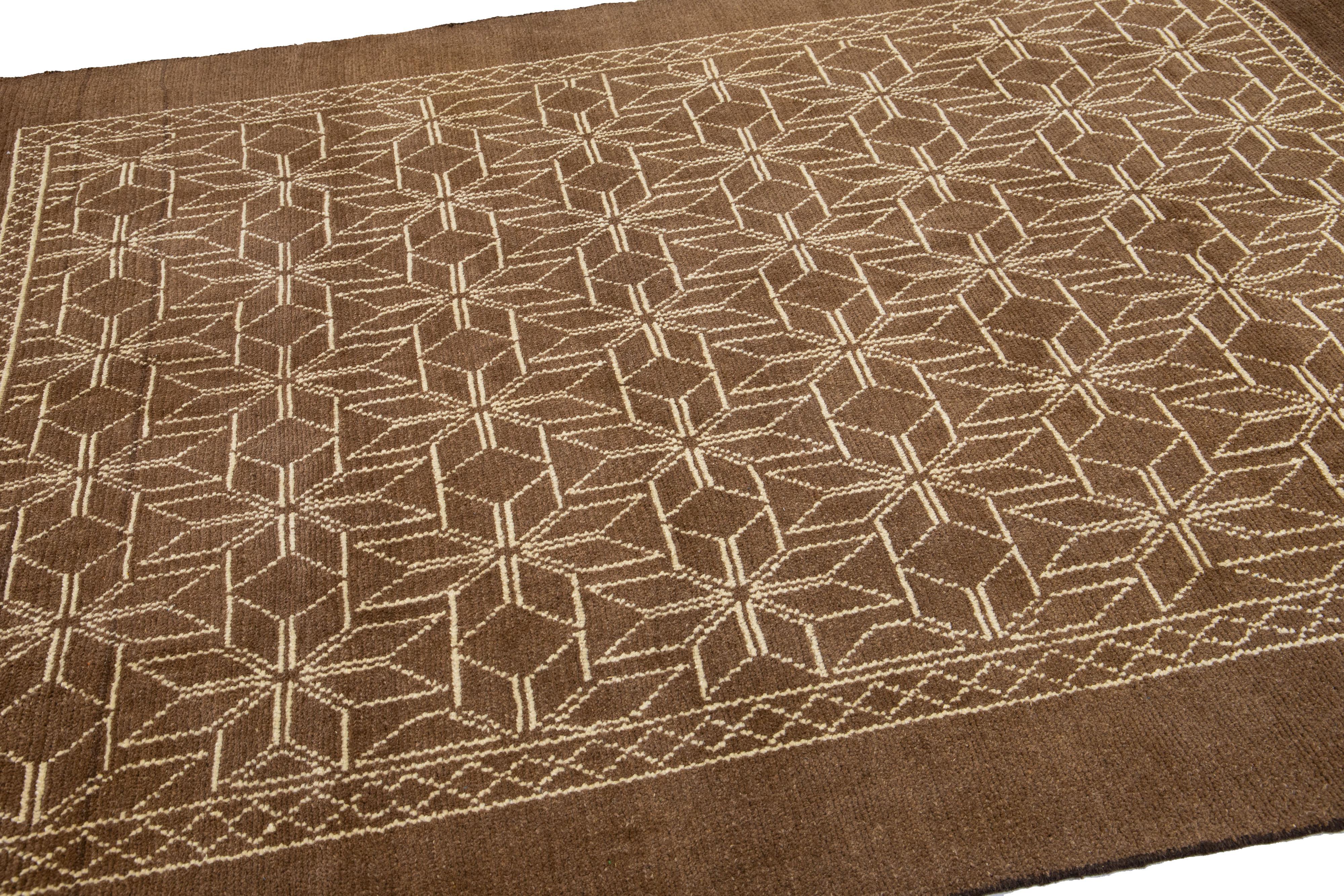 Contemporary Geometric Modern Moroccan Style Handmade Brown Wool Rug by Apadana For Sale