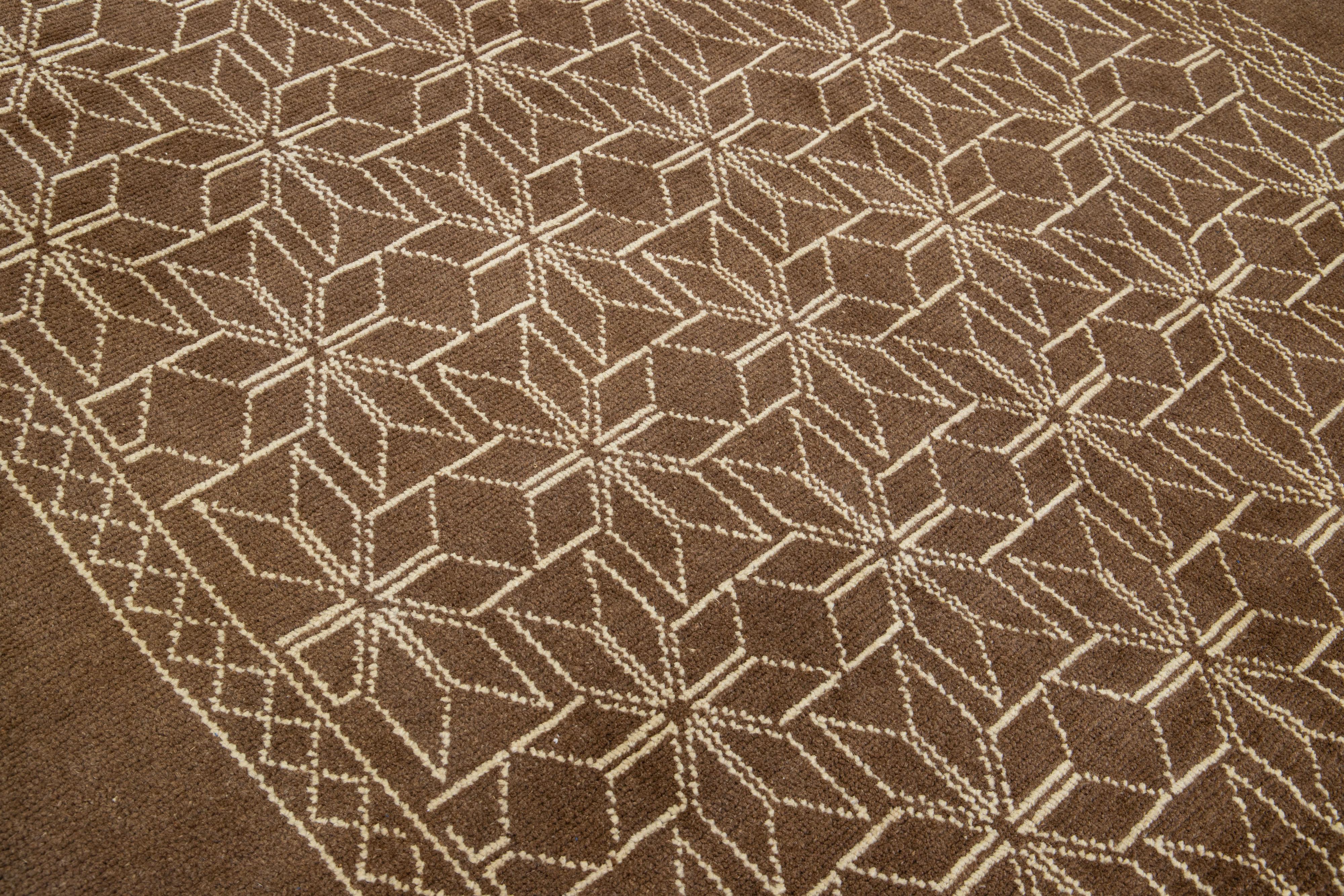 Geometric Modern Moroccan Style Handmade Brown Wool Rug by Apadana For Sale 1