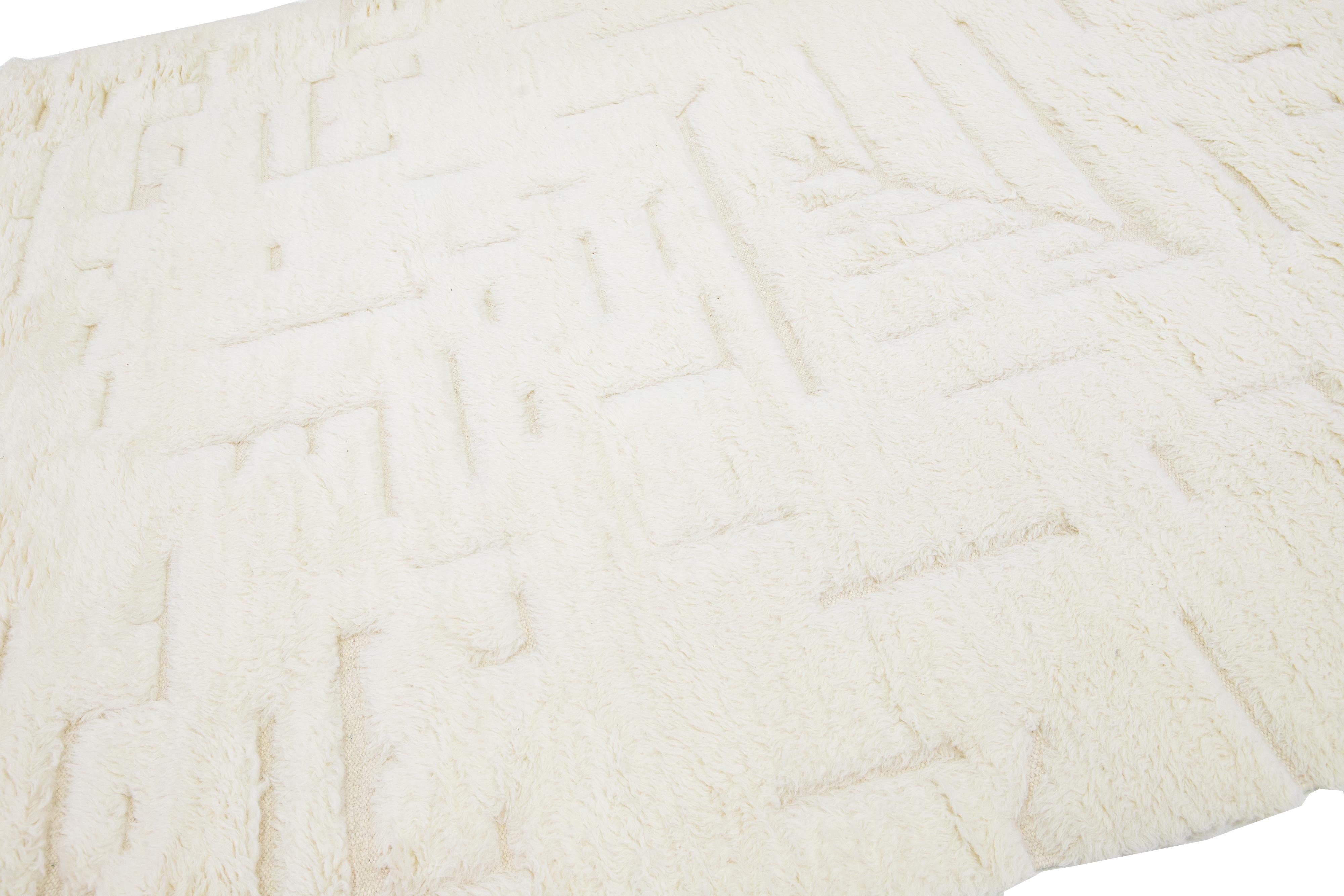 Hand-Knotted Geometric Modern Moroccan Style Handmade Ivory Wool Rug by Apadana For Sale